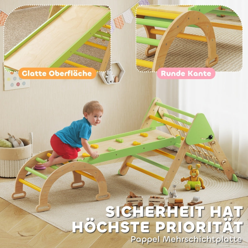 8-in-1 Montessori Climbing Frame Triangle Arch Slide - Wooden Green