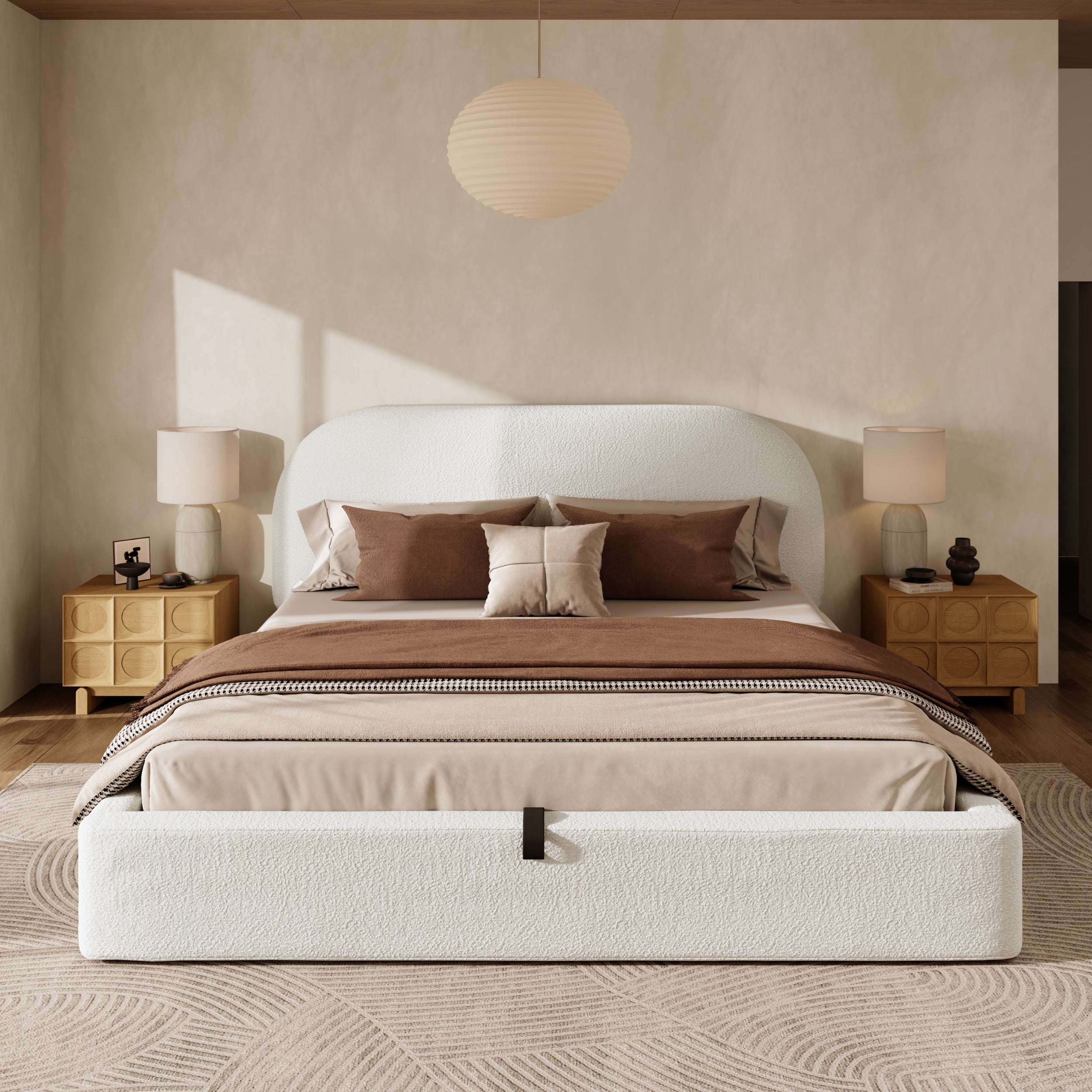 Upholstered Double Bed 180x200cm with Hydraulic Storage and Slatted Base, Beige Bouclé