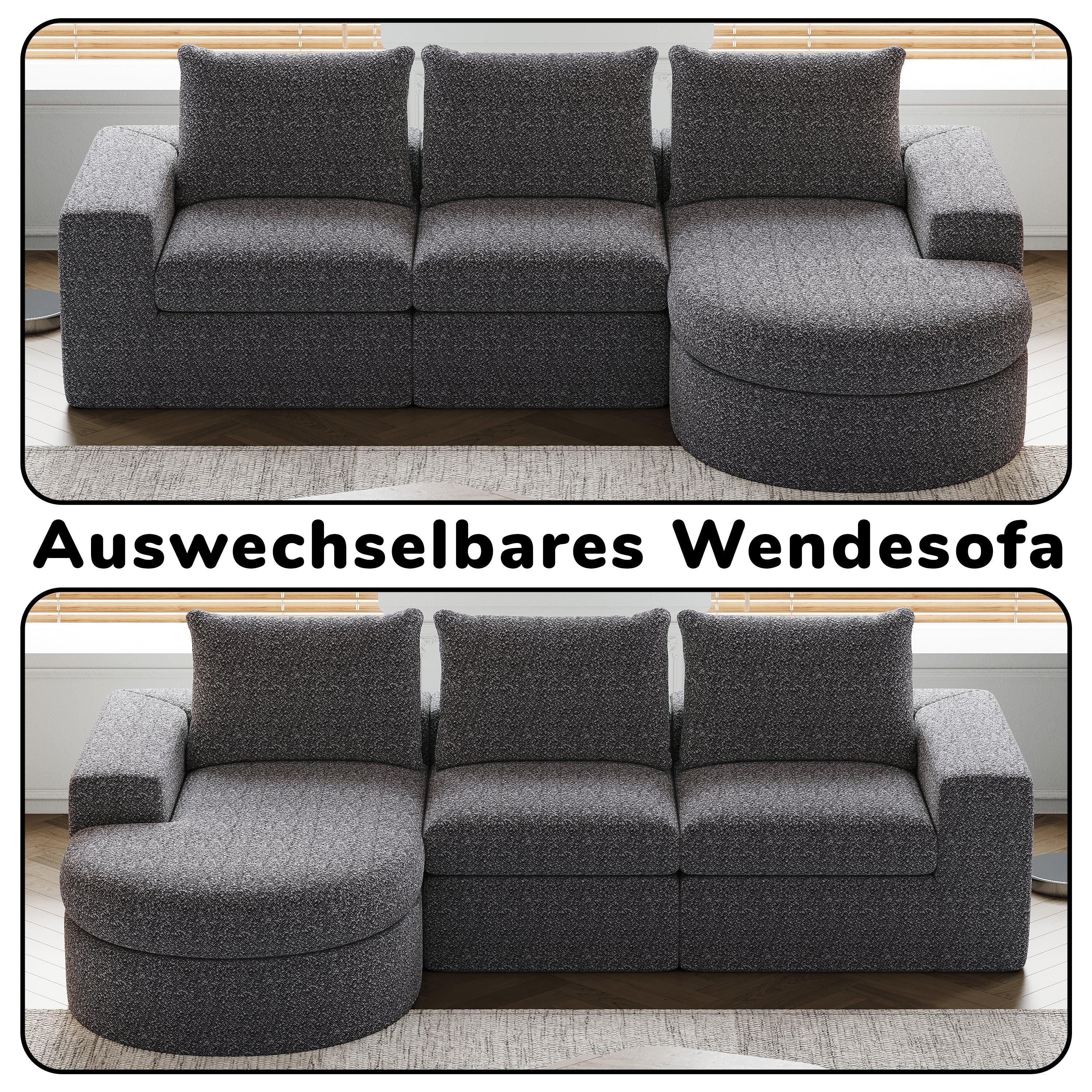 Chenille Sofa, Curved Modular L-Lounger, Foam Compressed
