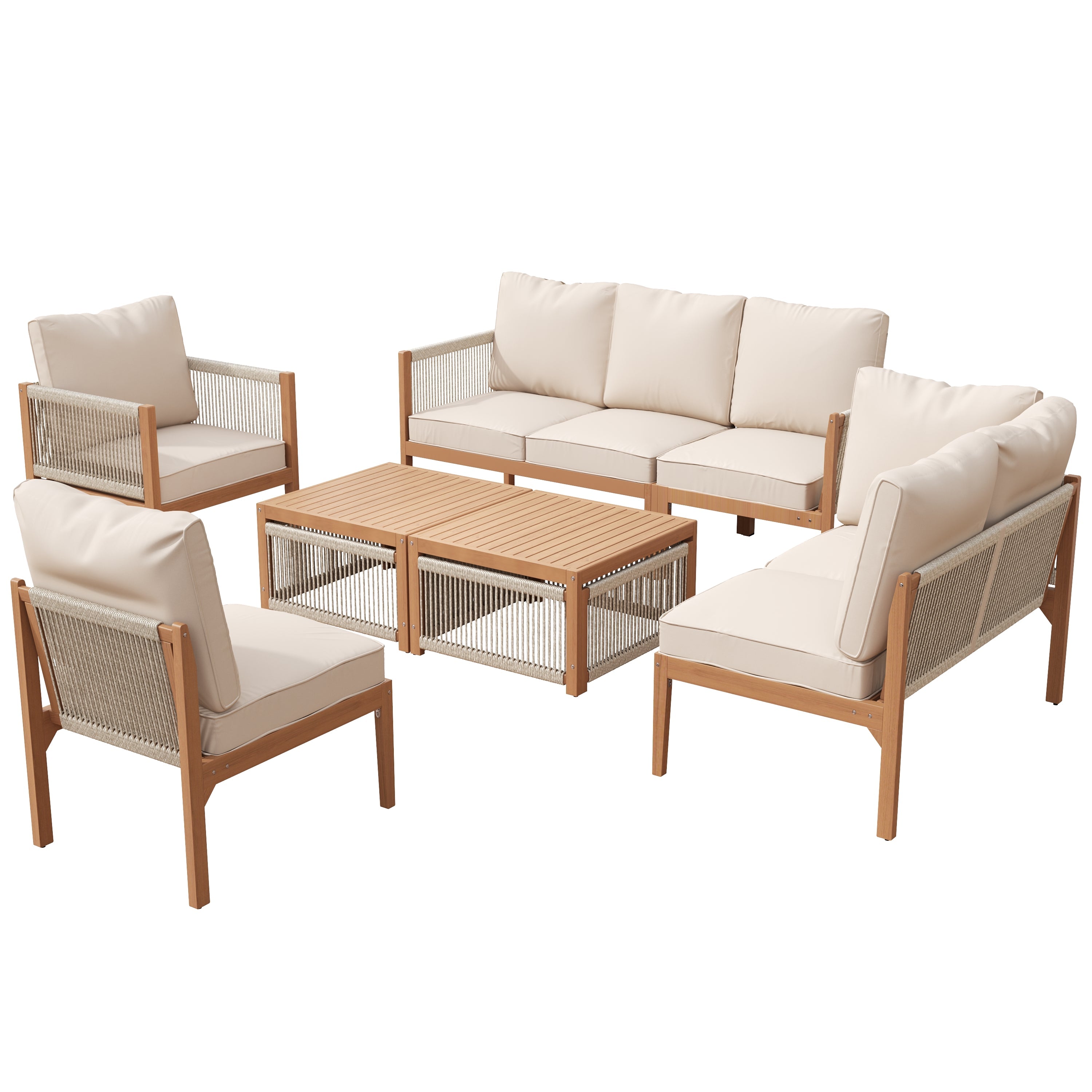 Garden Lounge Set, 7-8 Person Outdoor Sectional Sofa and Table with Washable Cushions, Natural and Beige