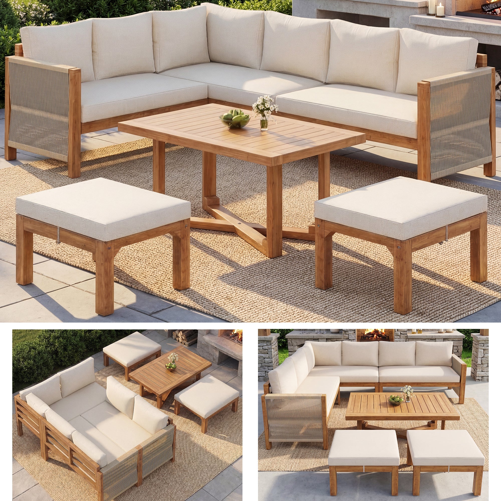 Modular Garden Furniture Set with 6-Seater Corner Sofa, 2 Stools and Table, Acacia Wood