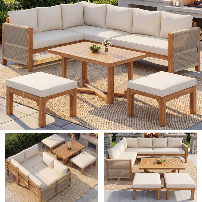 Modular Garden Furniture Set with 6-Seater Corner Sofa, 2 Stools and Table, Acacia Wood