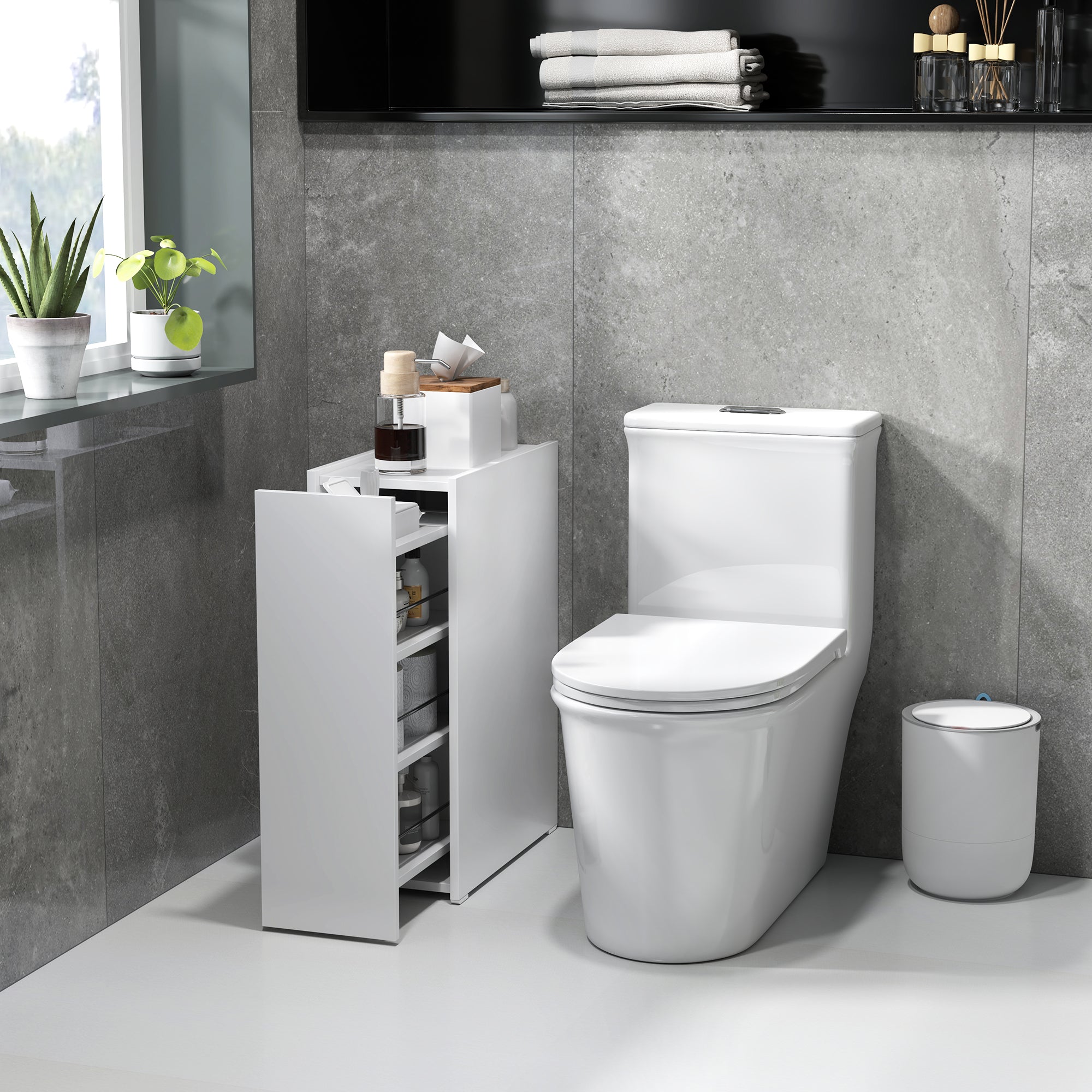 Slim Bathroom Cabinet, Wheels, 3 Deep Compartments, White
