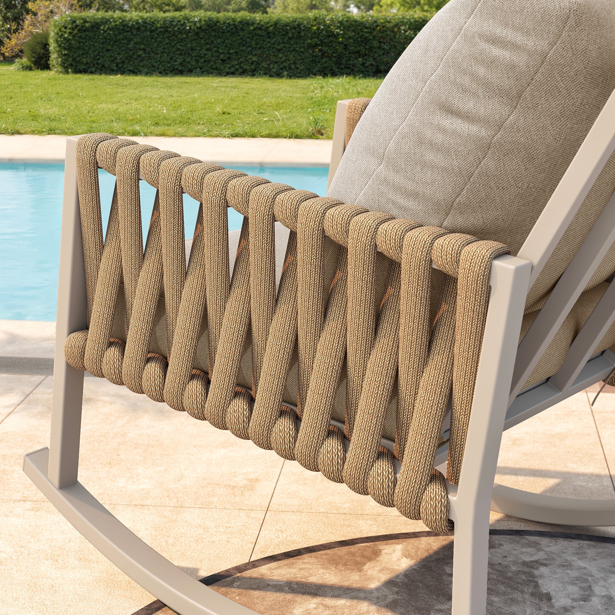Outdoor Rocking Chair with Cross-Rope Weaving and Cushions, Weatherproof Metal Frame