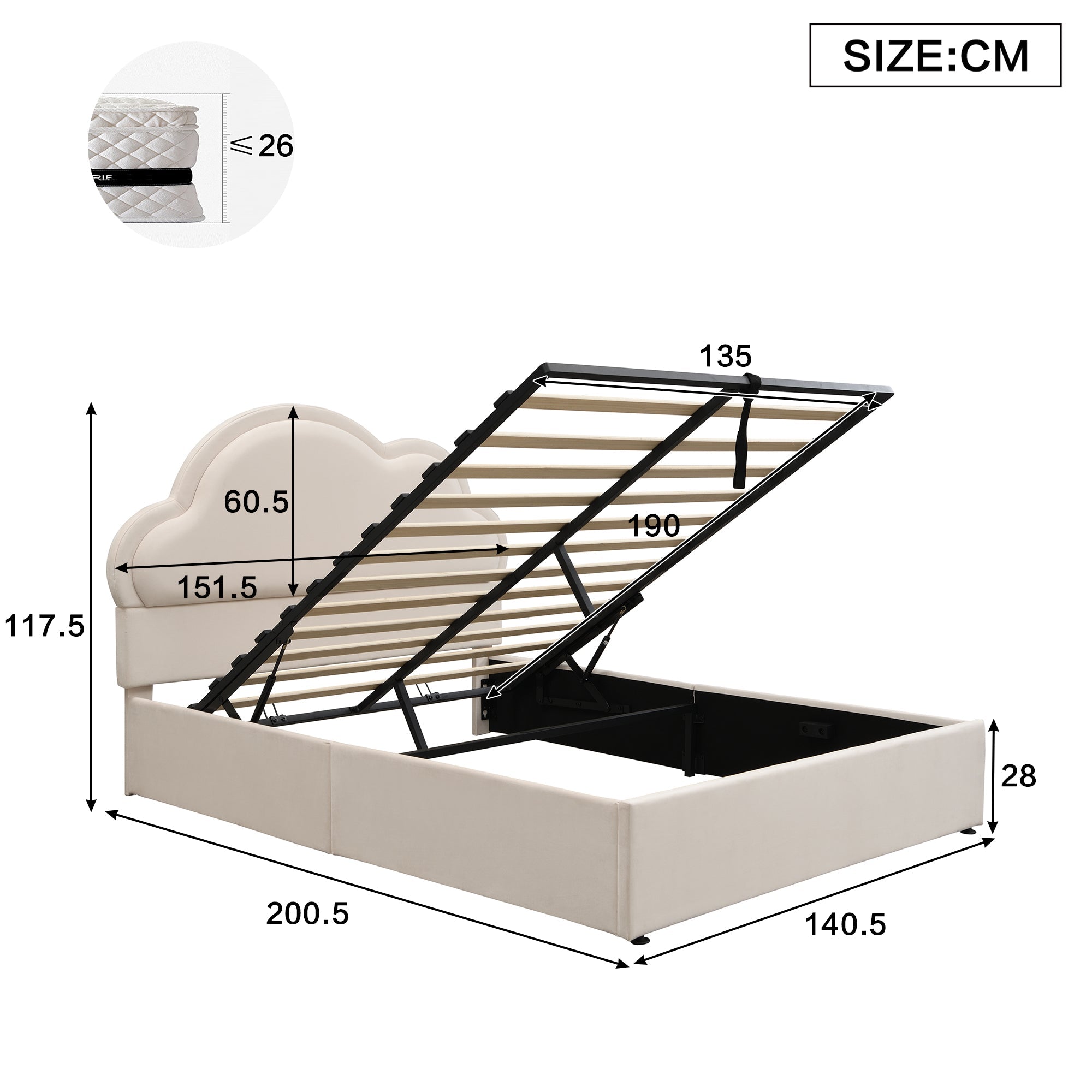 Upholstered Bed Hydraulic Storage Double 4ft6 Cloud Velvet Beige