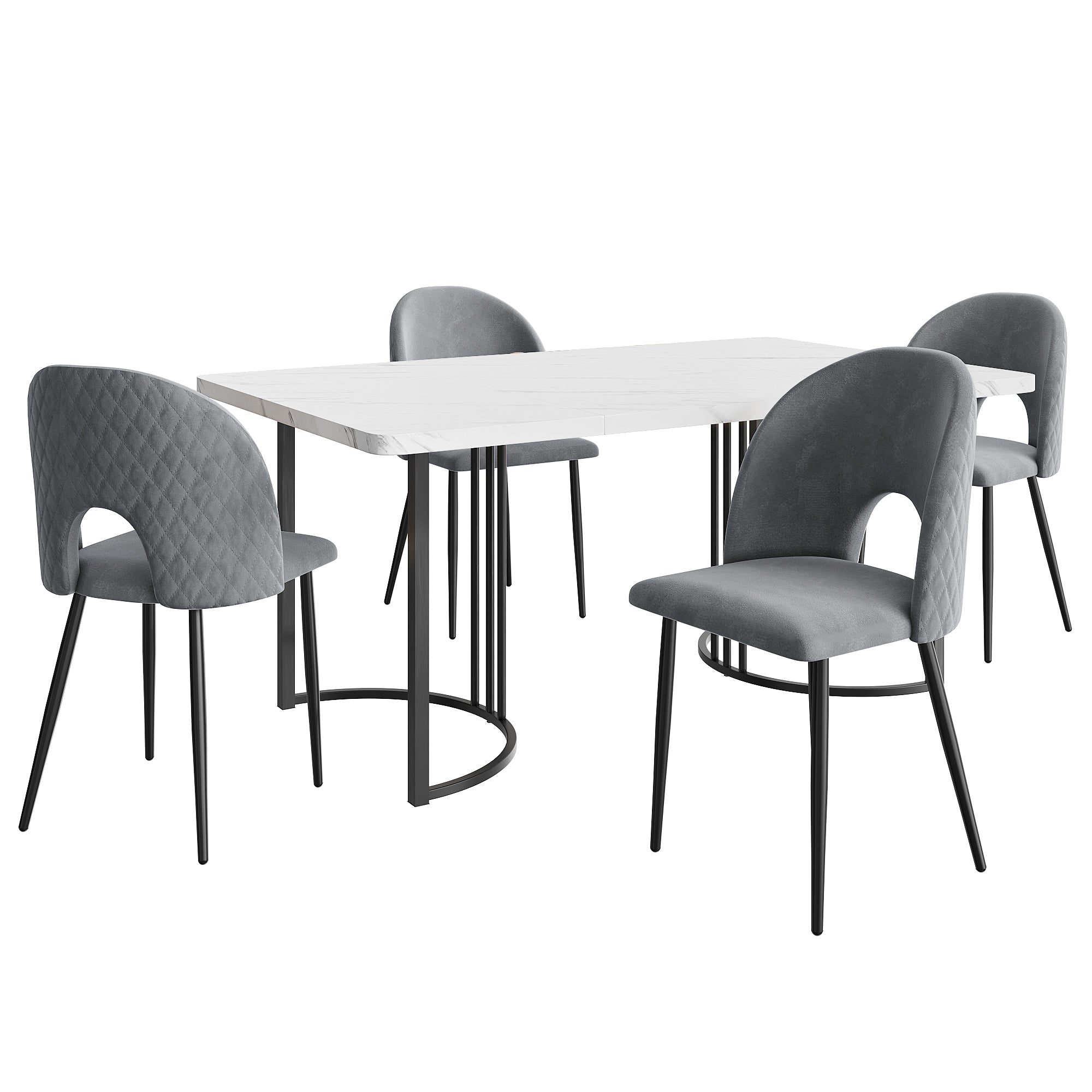 Dining Set, 140x80cm with 4 Chairs, Velvet, Gray/White/Black