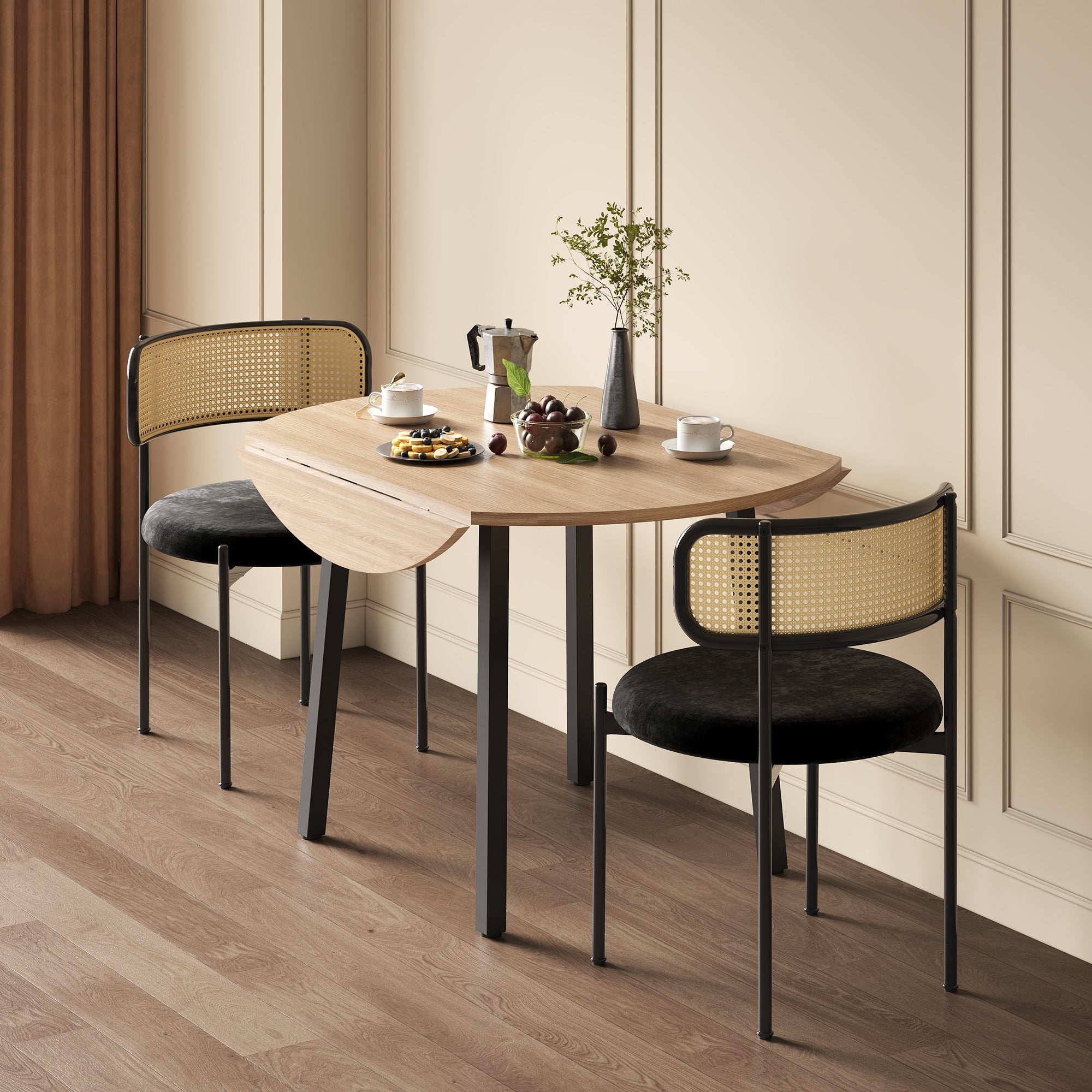 Folding Dining Table, Round 100x100cm, 2-4 Person, Metal Legs, Folding Top, Oak Color