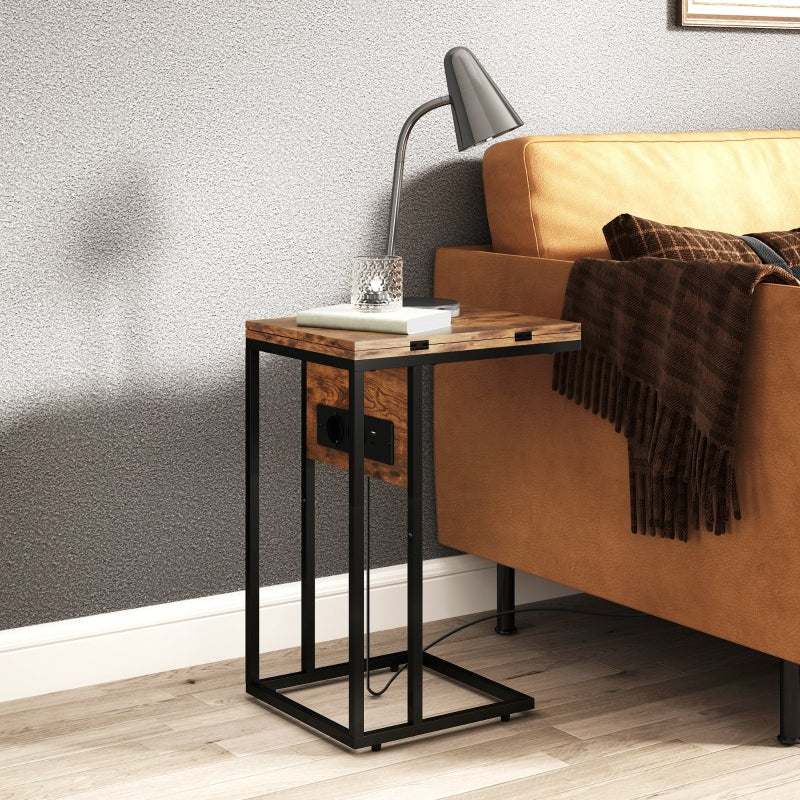 Foldable Side Table USB Charging Station 39x29x57cm - Brown Metal