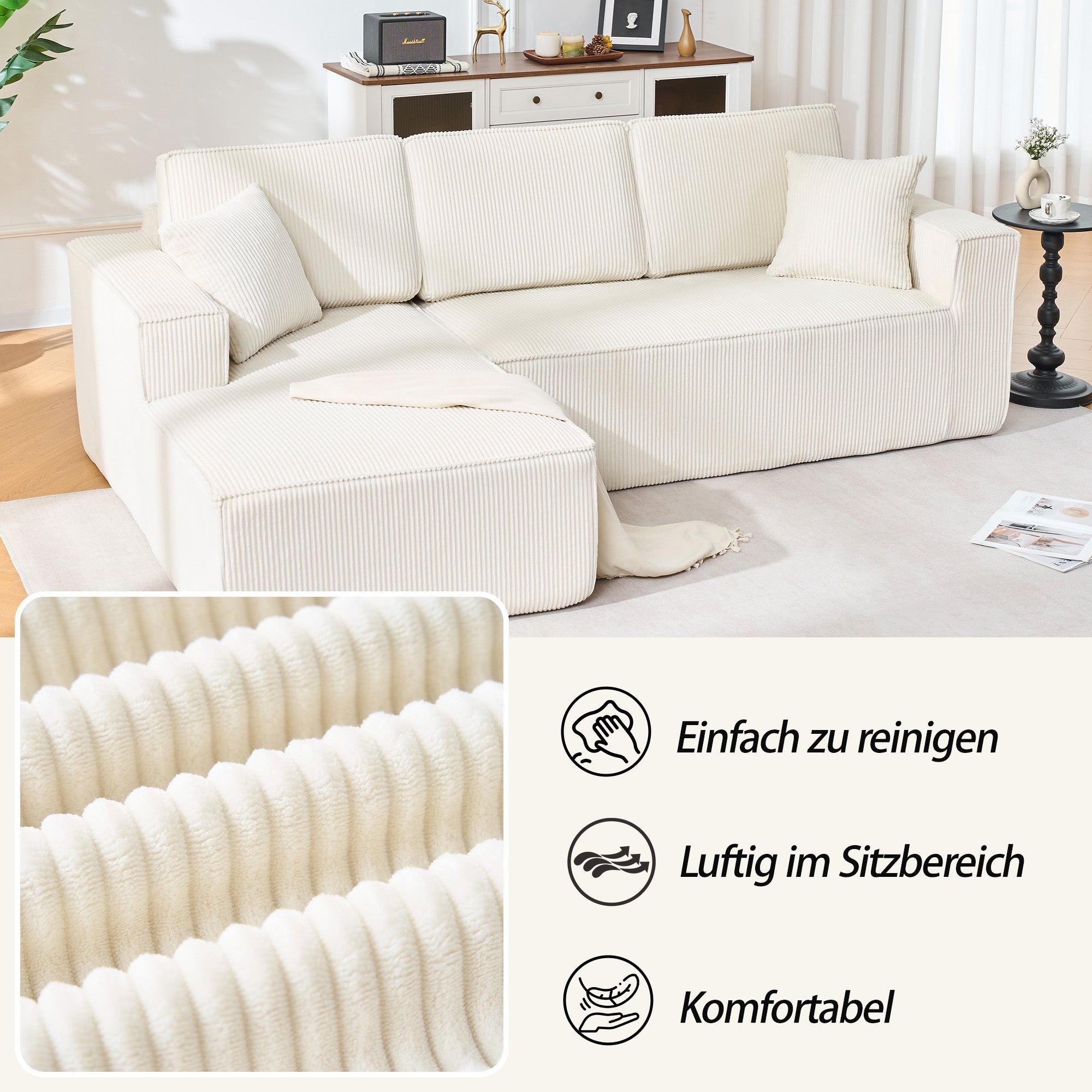 L-Shaped Sofa with Chaise Longue and High-Density Foam, Corduroy Beige