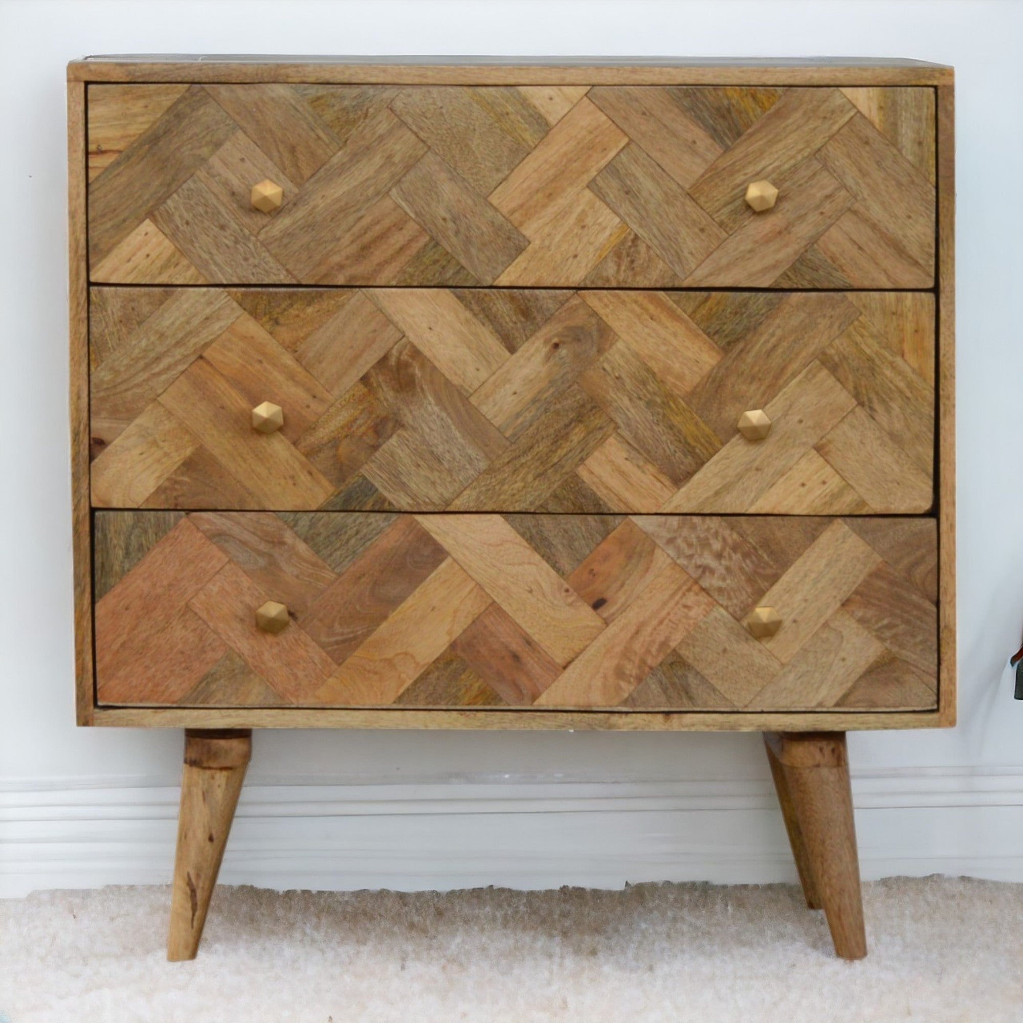 Solid Wood Chest, Zig-Zag Patchwork 3-Drawer, Light Brown