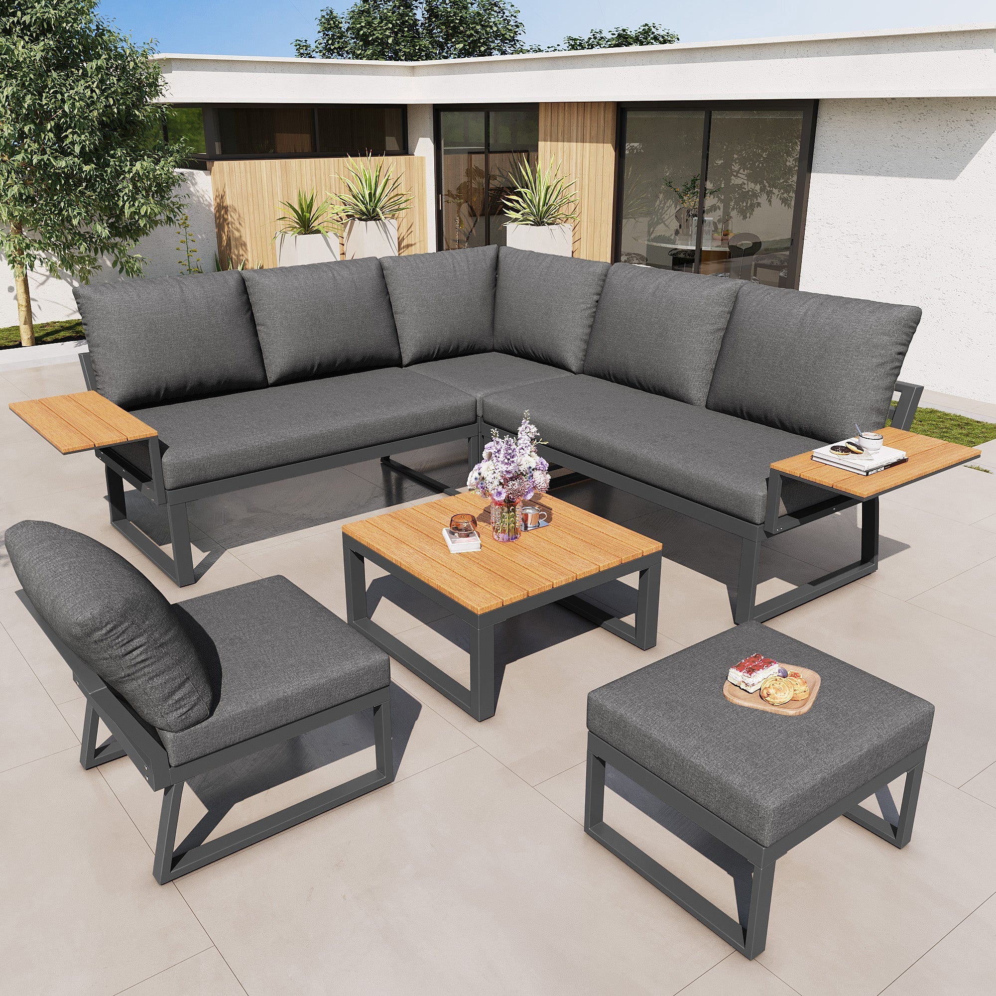 L-shaped Garden Sofa Set Weatherproof 7-Seater Corner Lounger Wooden Armrests Iron Grey/Beige