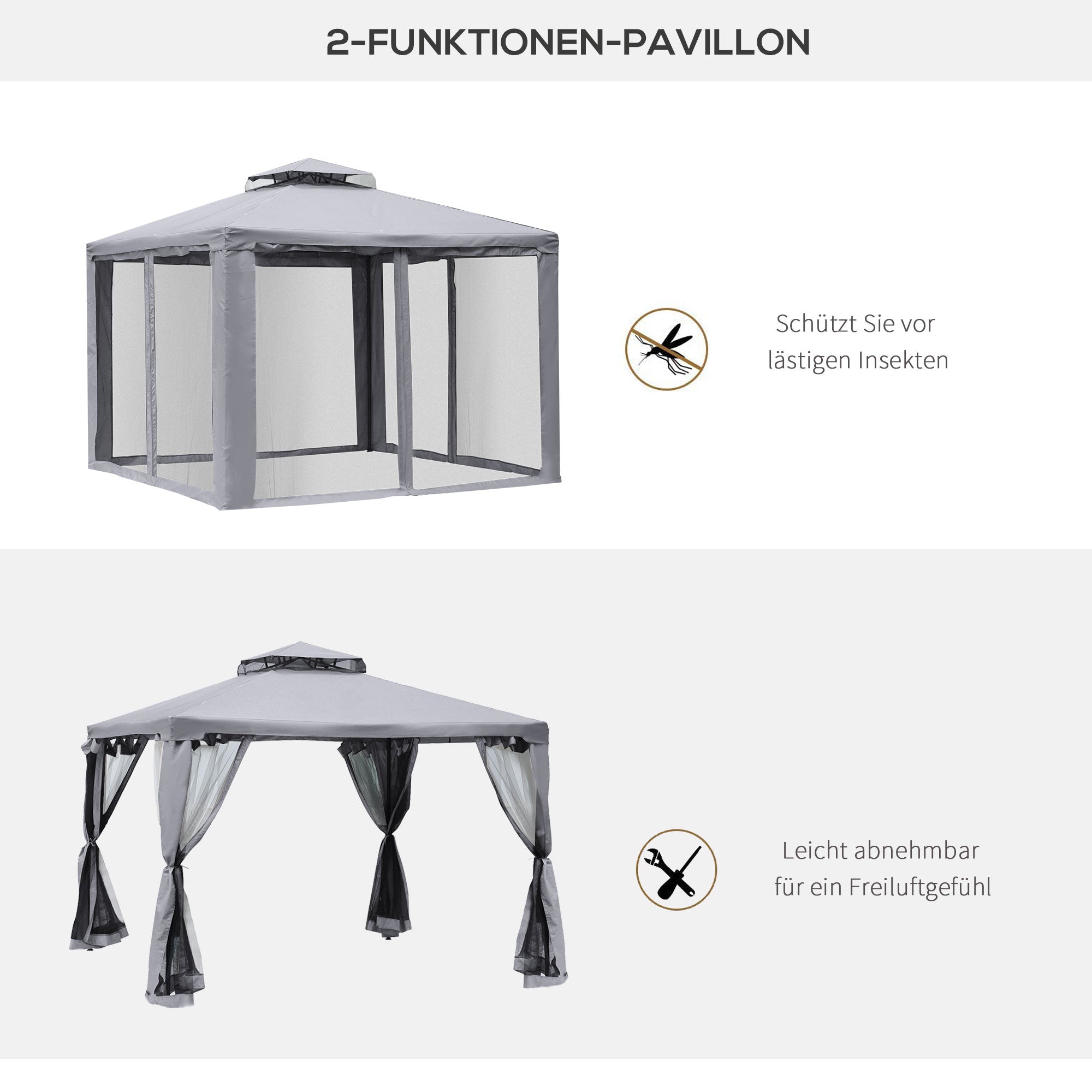 Garden Pavilion Party Tent 3x3m 4 Side Walls Weatherproof Metal/Polyester Light Grey