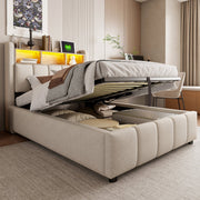 Children's Upholstered Bed 90x200cm LED USB Hydraulic Storage Headboard Shelves - Linen Beige