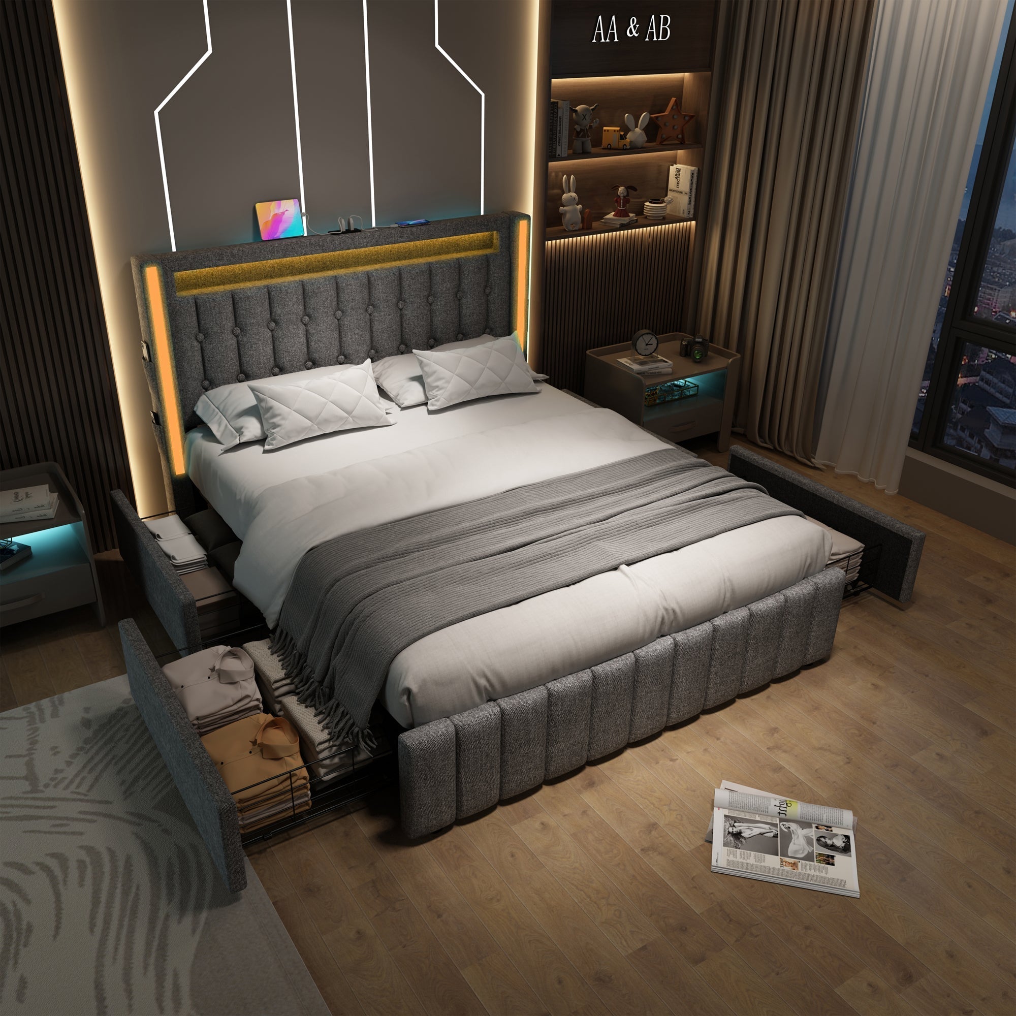 Upholstered Bed with USB Type C, LED & 4 Drawers, 160x200cm, Gray Wood