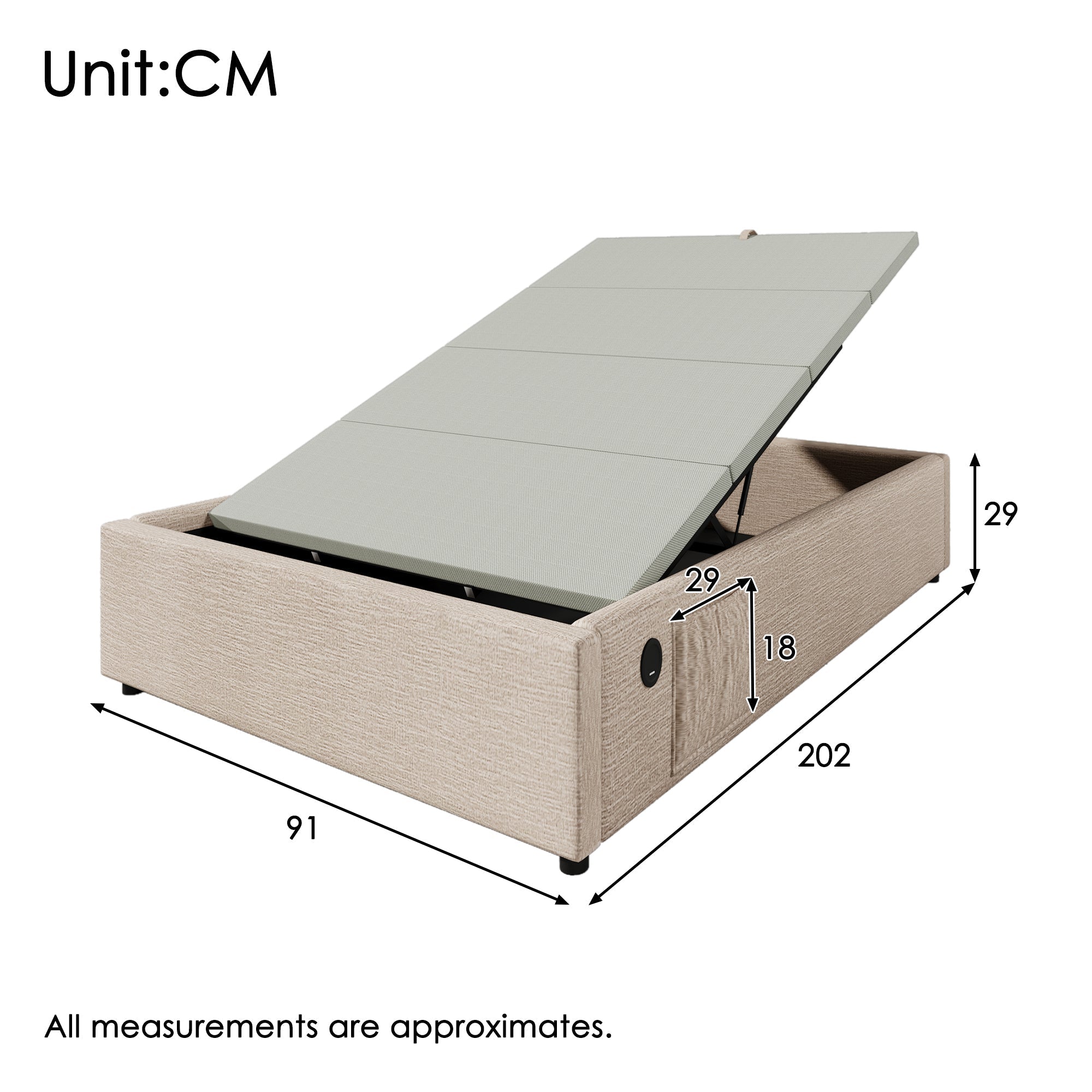 Upholstered Single Bed 90×200 cm Storage Frame USB-C Slatted Base, Linen Natural