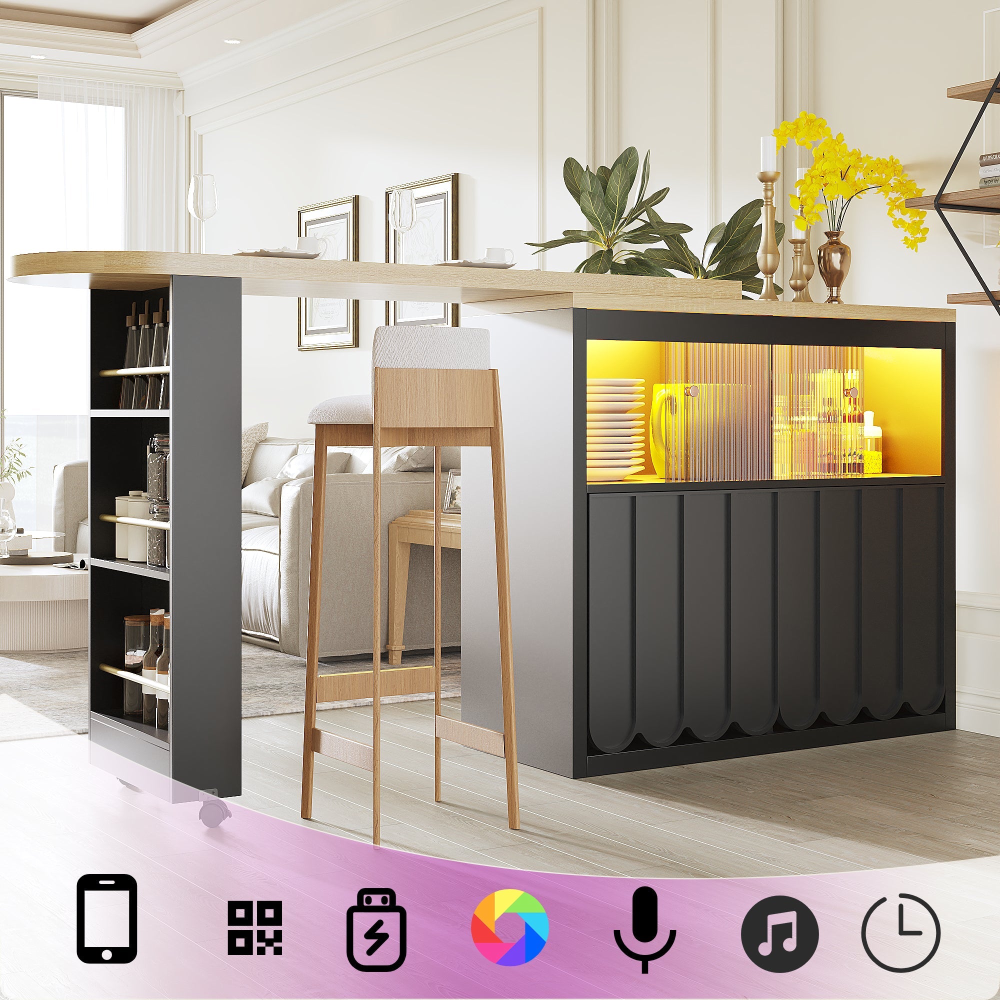 Extendable Bar Table with Storage, Movable, Telescopic LED, Black