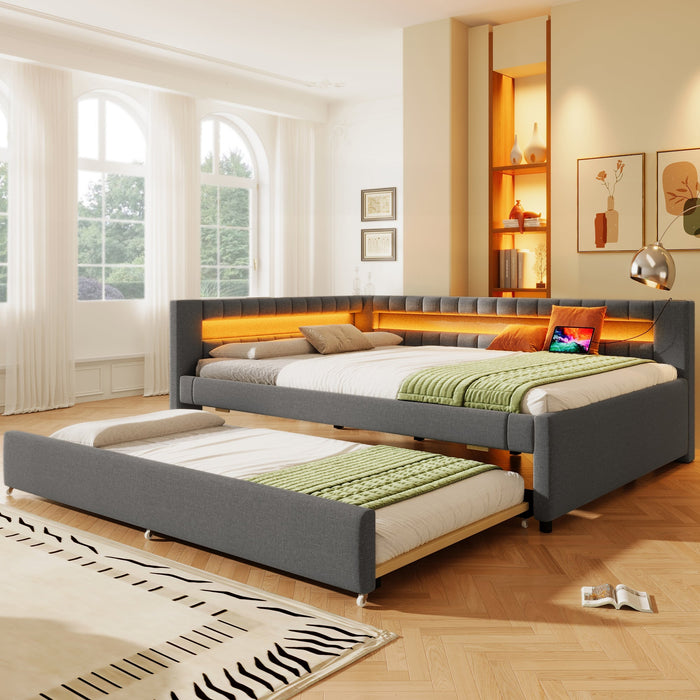 Daybed Sofa Bed 140x200cm Pull-out Bed LED USB/Type-C Linen Grey
