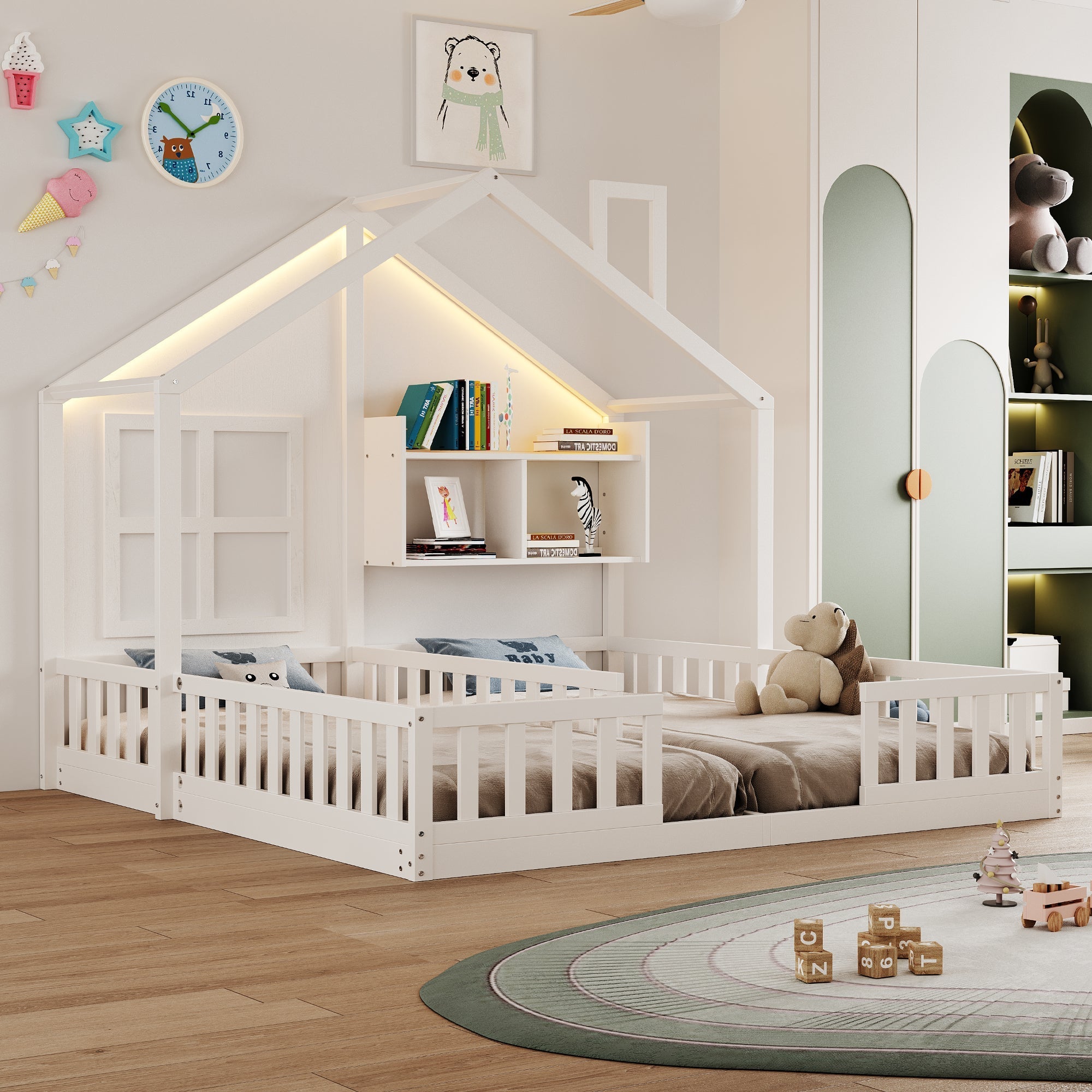 Wooden Children's Bed 90x200cm House Design LED Lighting Storage White