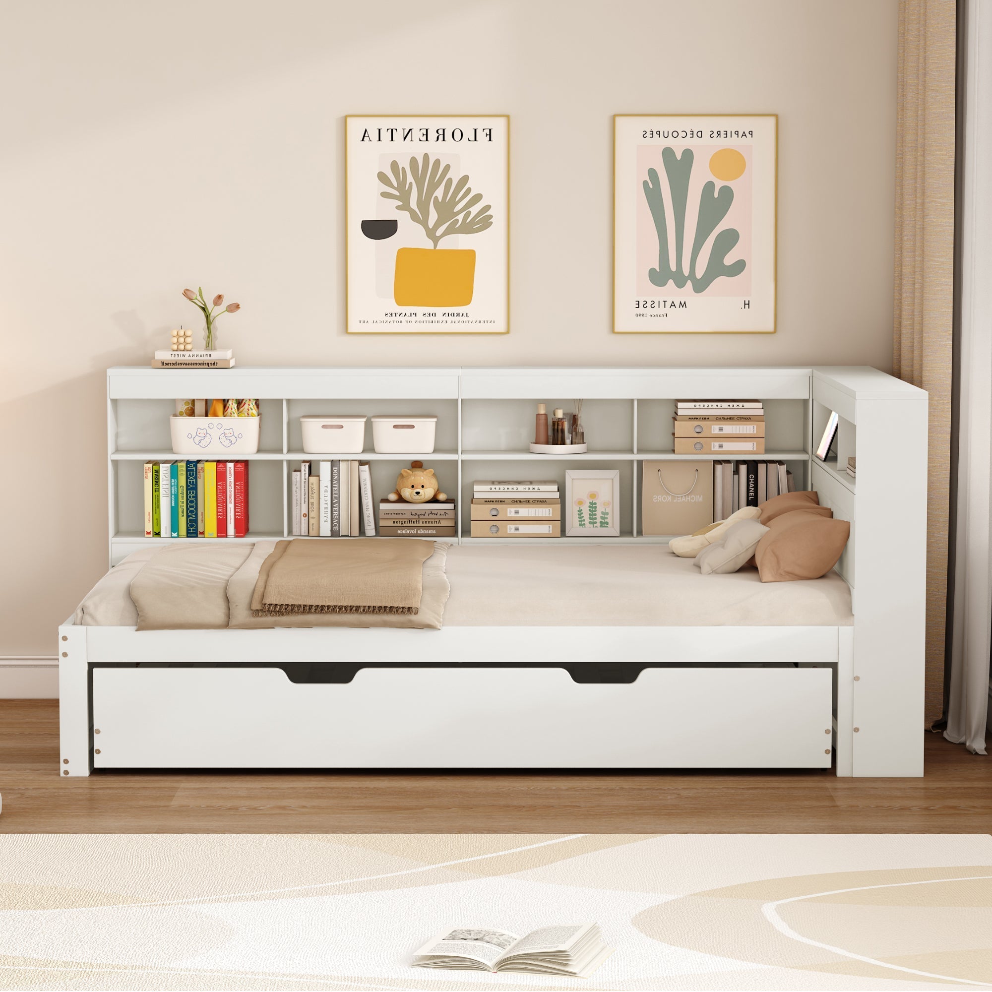 Sofa Bed 90*200 Pull-Out with USB & Storage, Solid Wood, White