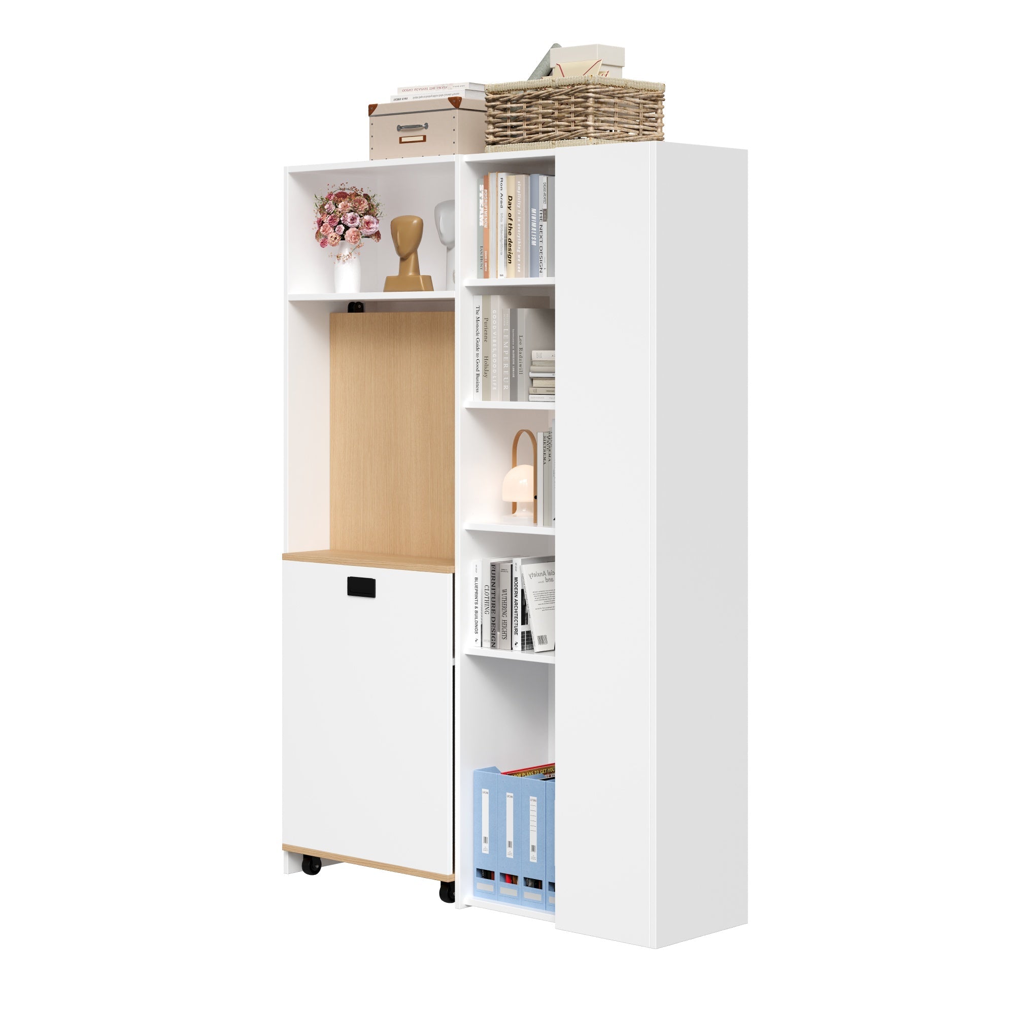Folding Desk with Shelves, 2-in-1 Bookshelf, USB, Adjustable, White