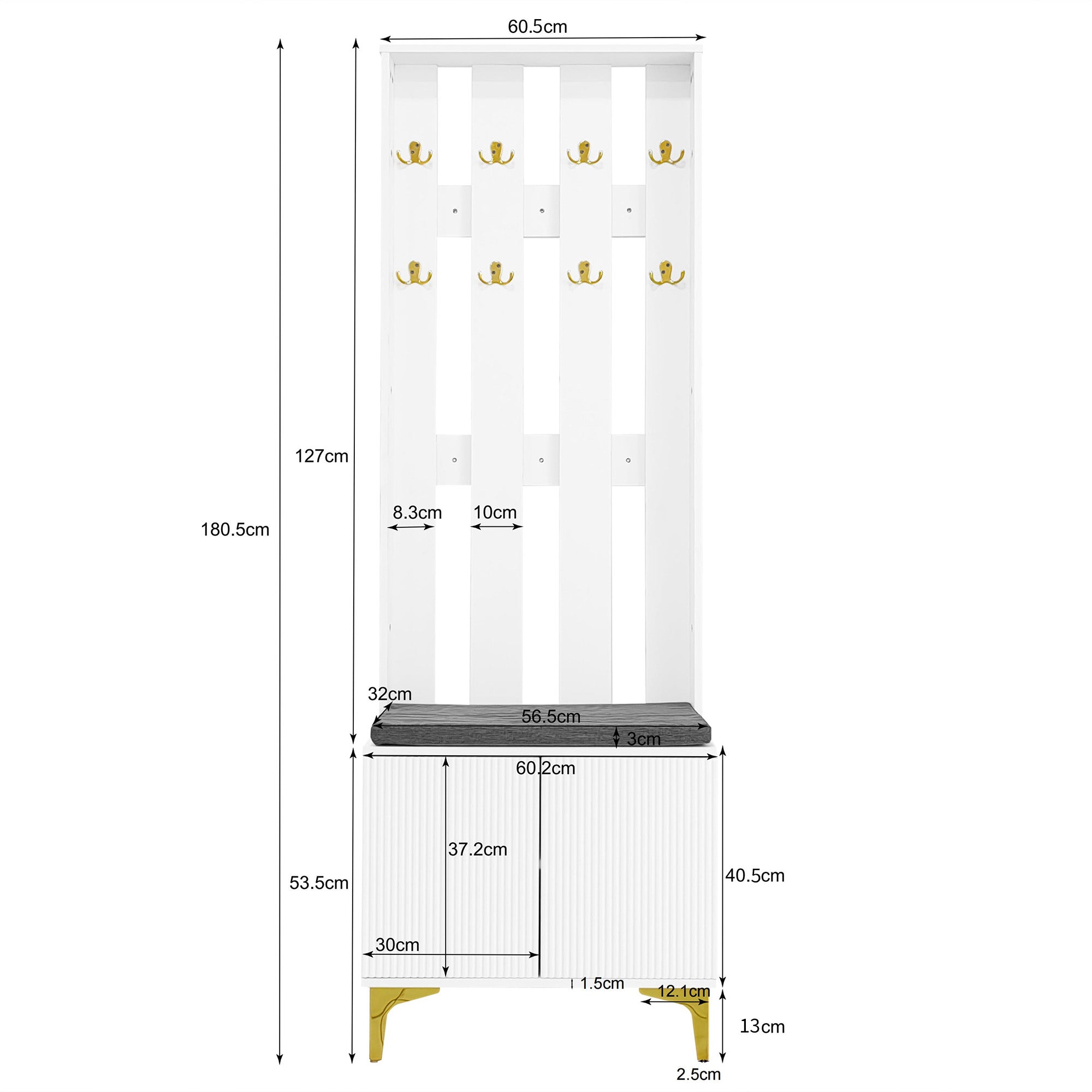 Wardrobe Set with Shoe Bench, Cushions, Hooks, Drawers, and Doors, White