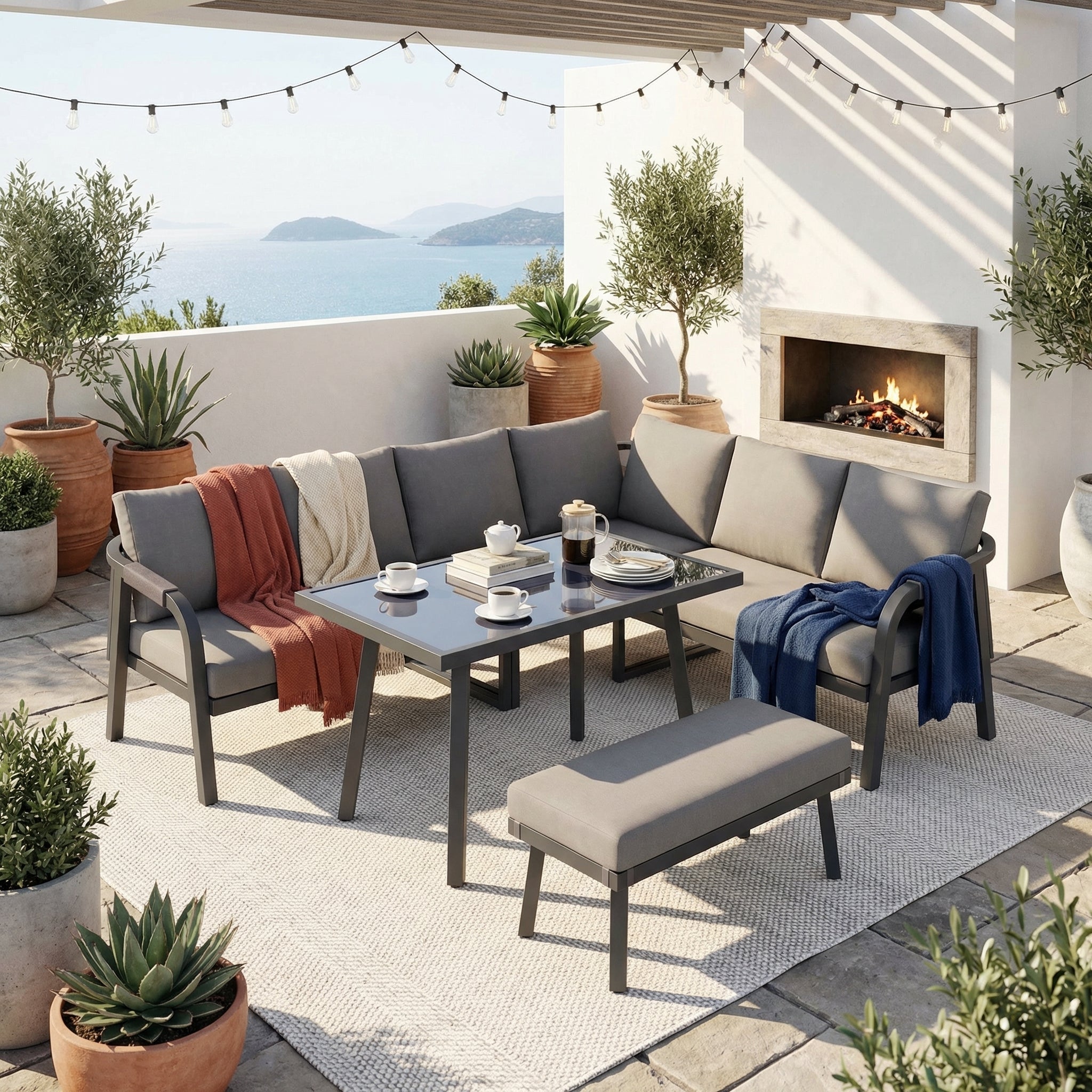 Garden Dining Set with Corner Sofa, Table and Bench, Seats 8, Grey Woven Steel