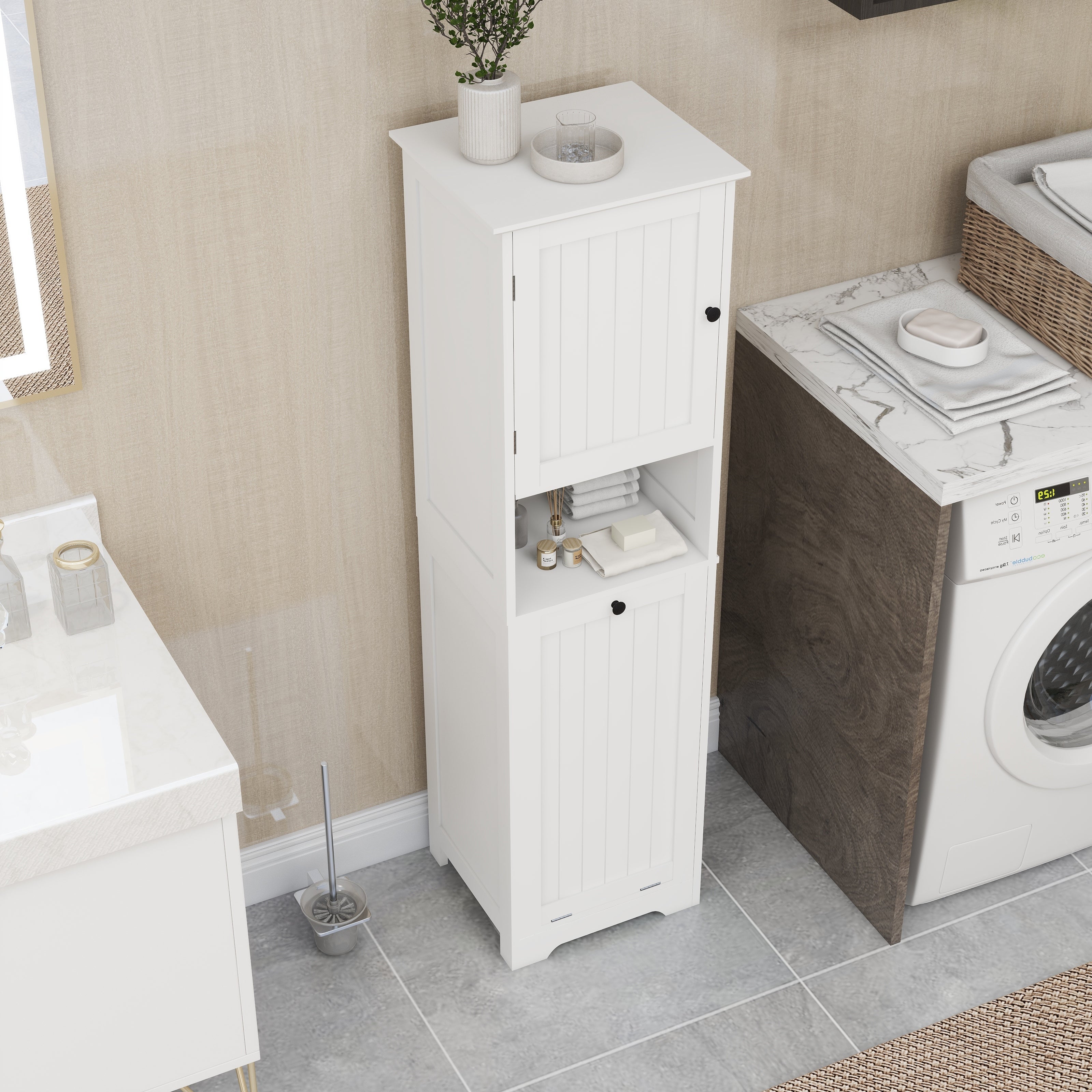 Laundry Sorter Cabinet, One-Compartment Tilt-Out Door, White