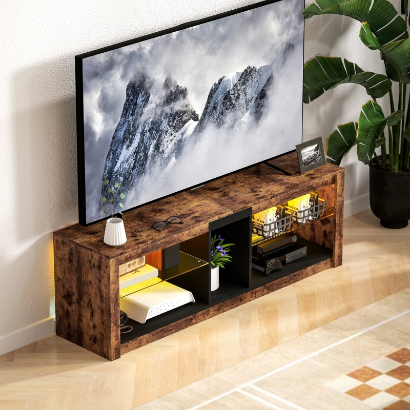 TV Stand Cabinet, LED Lights, Remote Control, Storage Shelves, Rustic Brown