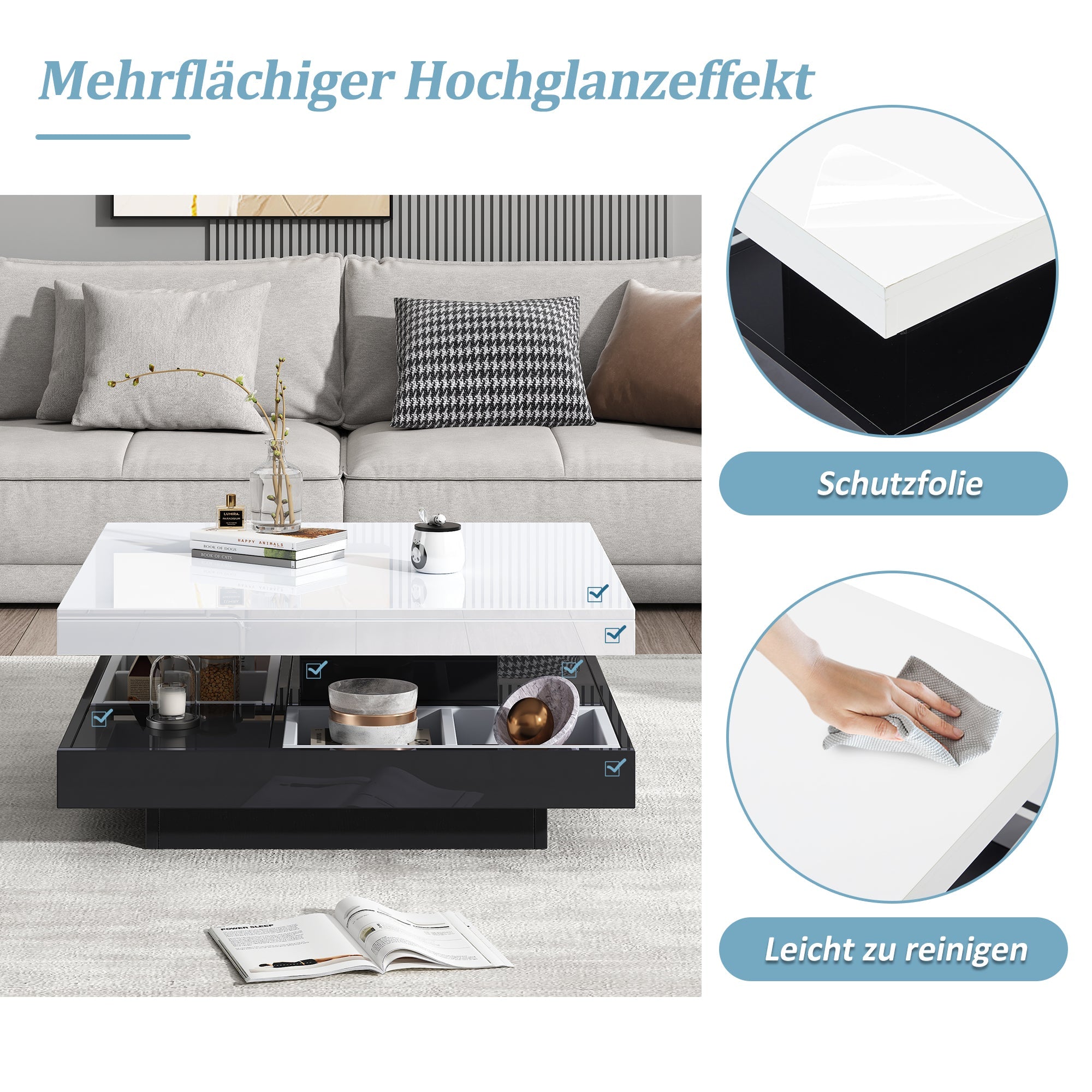 High-gloss tabletop coffee table, 360° rotatable, 2-tier with storage, white and black