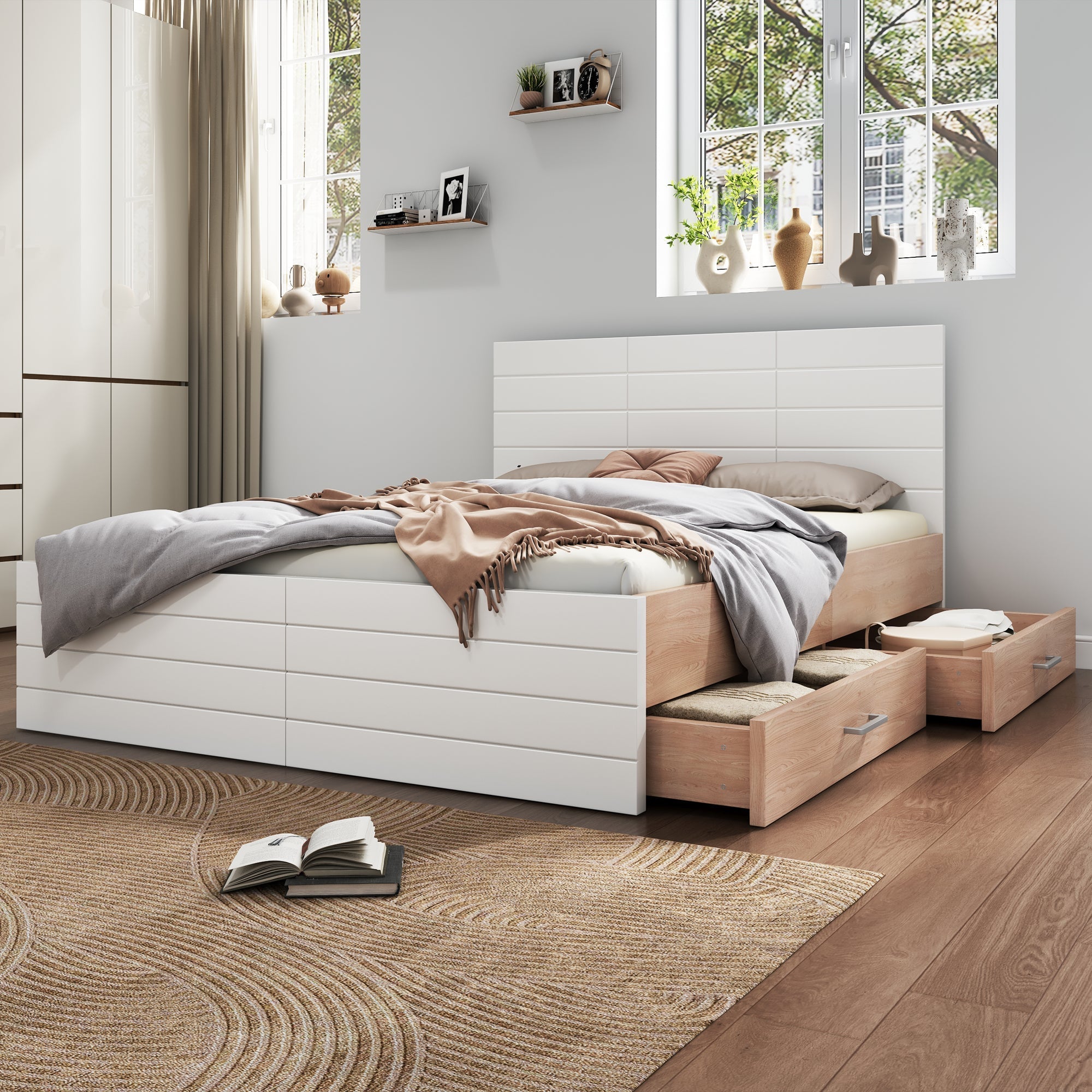 Double Wooden Bed, 180x200cm with 2 Drawers & Slatted Frame, Oak/White
