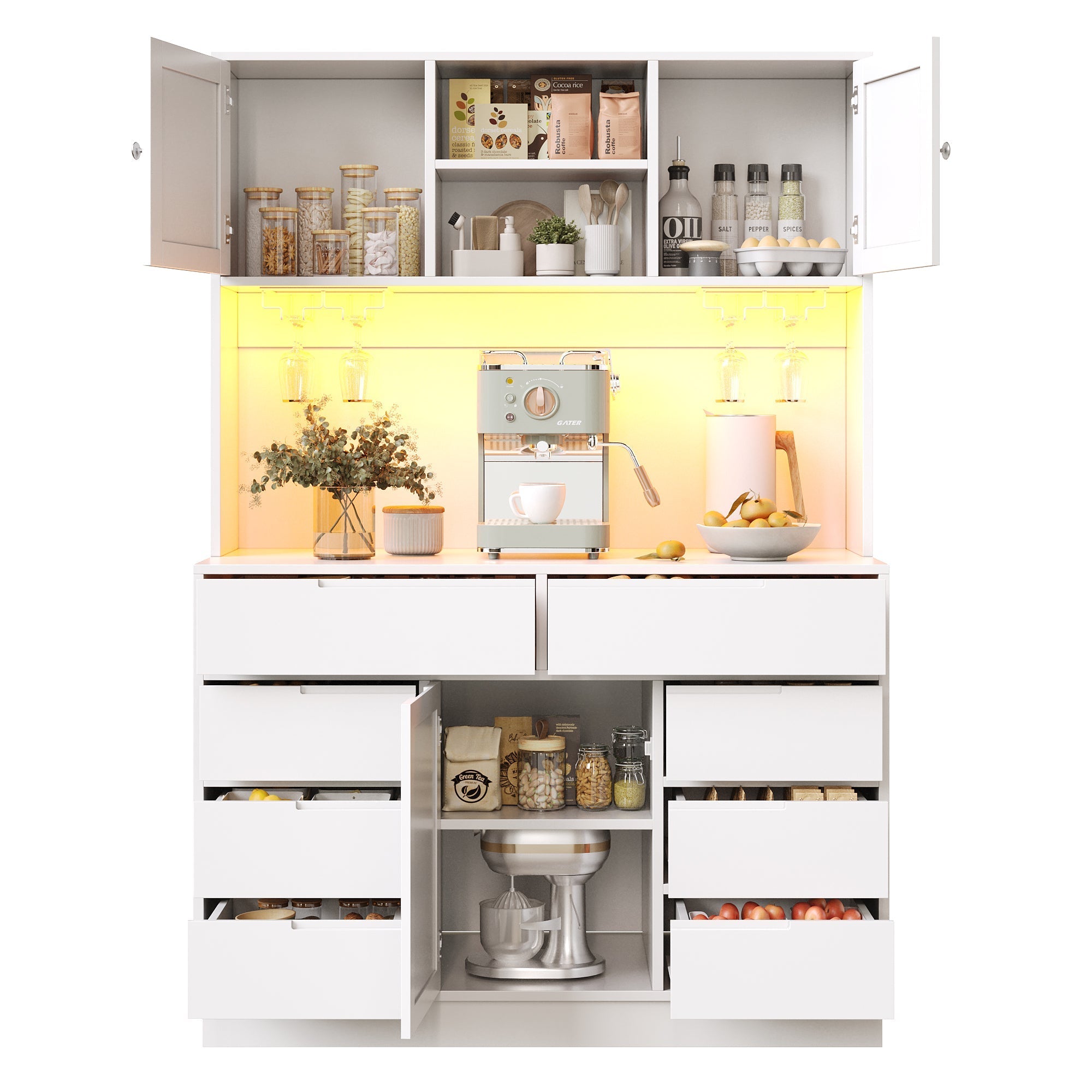 Modern Tall Cabinet Smart LED Lighting 8 Drawers Adjustable Shelves White