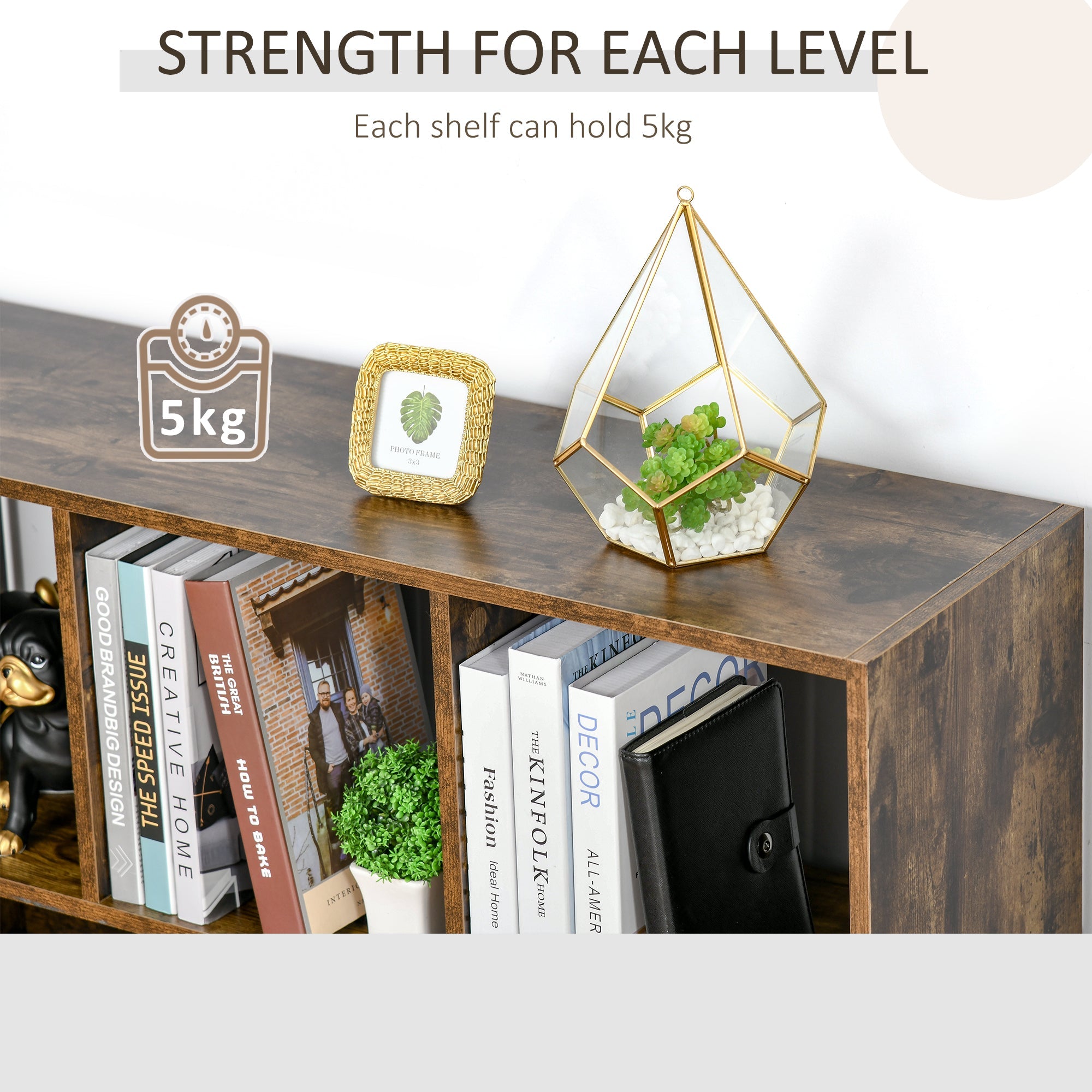 3-Tier Bookcase Storage Shelf Unit with Open Compartments, Rustic Brown