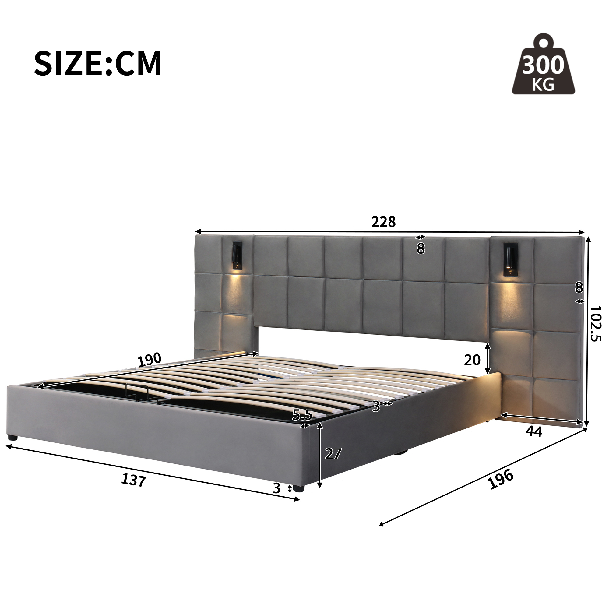 Upholstered Bed, Double 4ft6 Hydraulic Storage with Lamp and USB, Velvet Grey