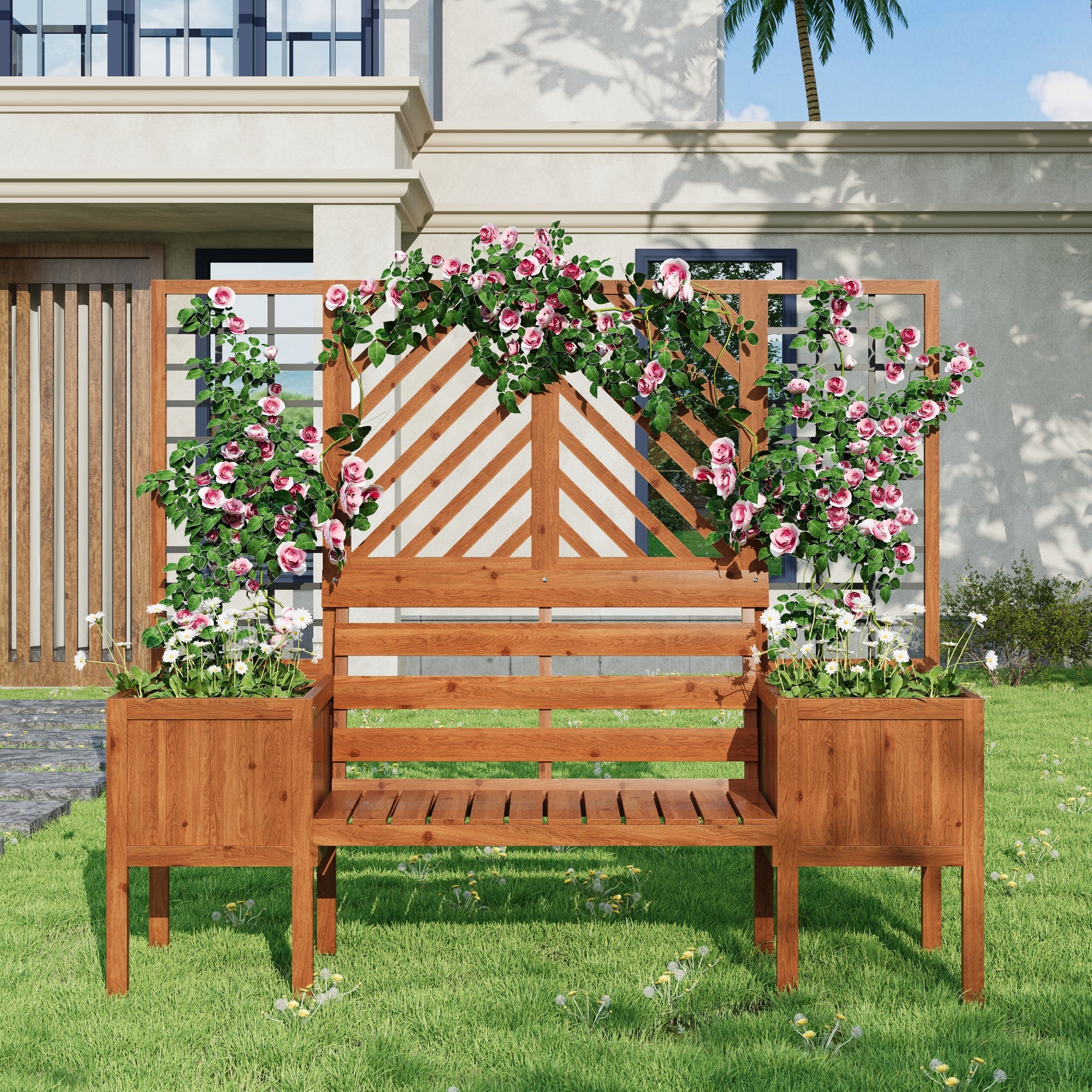 Plant pot, planter with trellis, flower box, brown solid fir wood