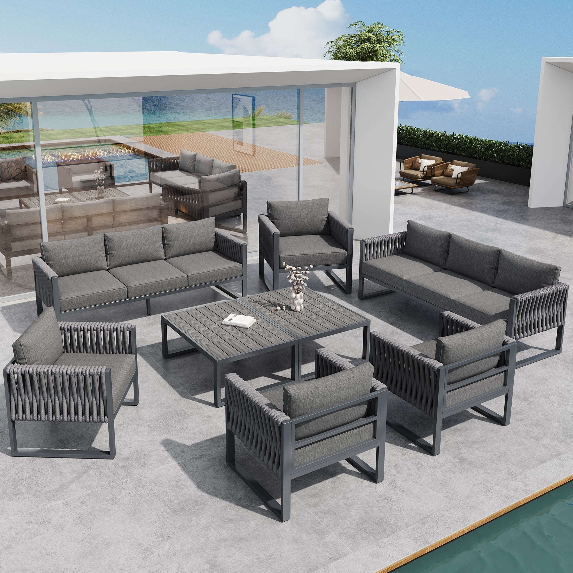 Outdoor Sofa Lounge Set 10-Seater Rustproof Metal Frame - Grey