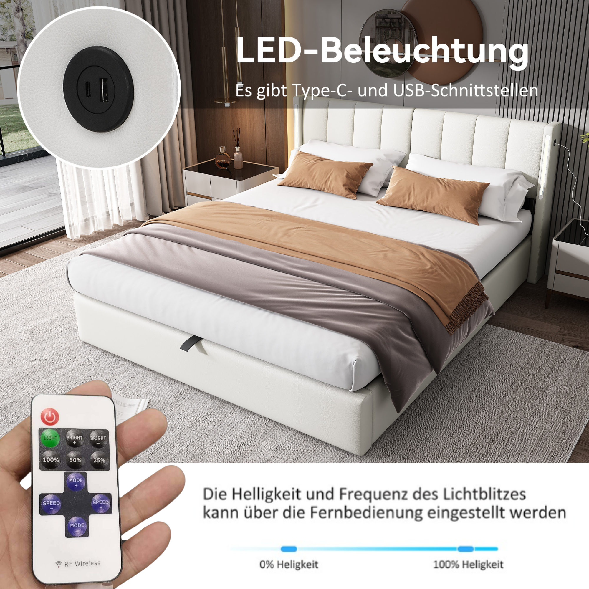 Upholstered Bed 160x200cm Hydraulic Storage LED USB Adjustable Headboard - White PU