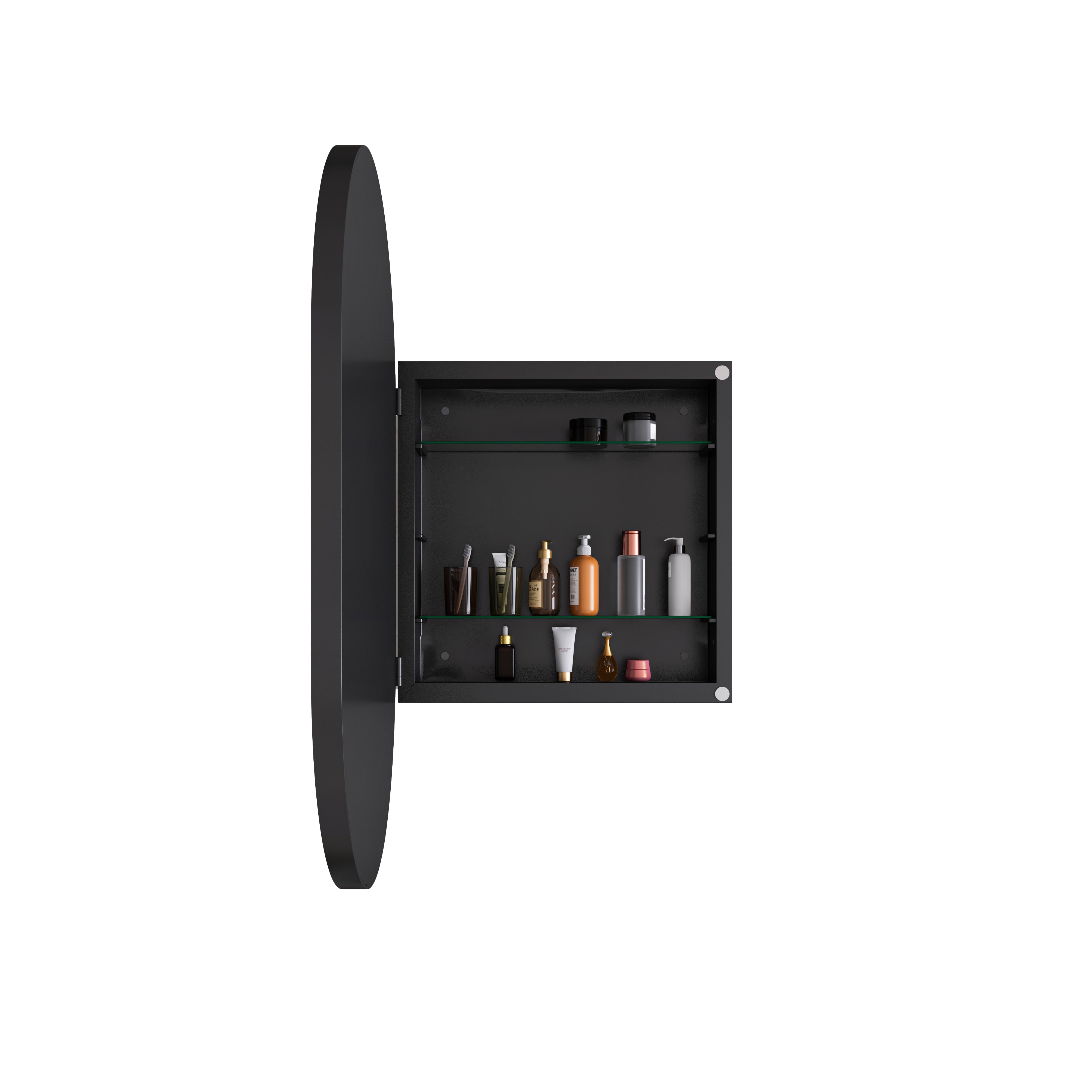 Stylish Oval Mirror Cabinet, Wall with Adjustable Shelves, Black
