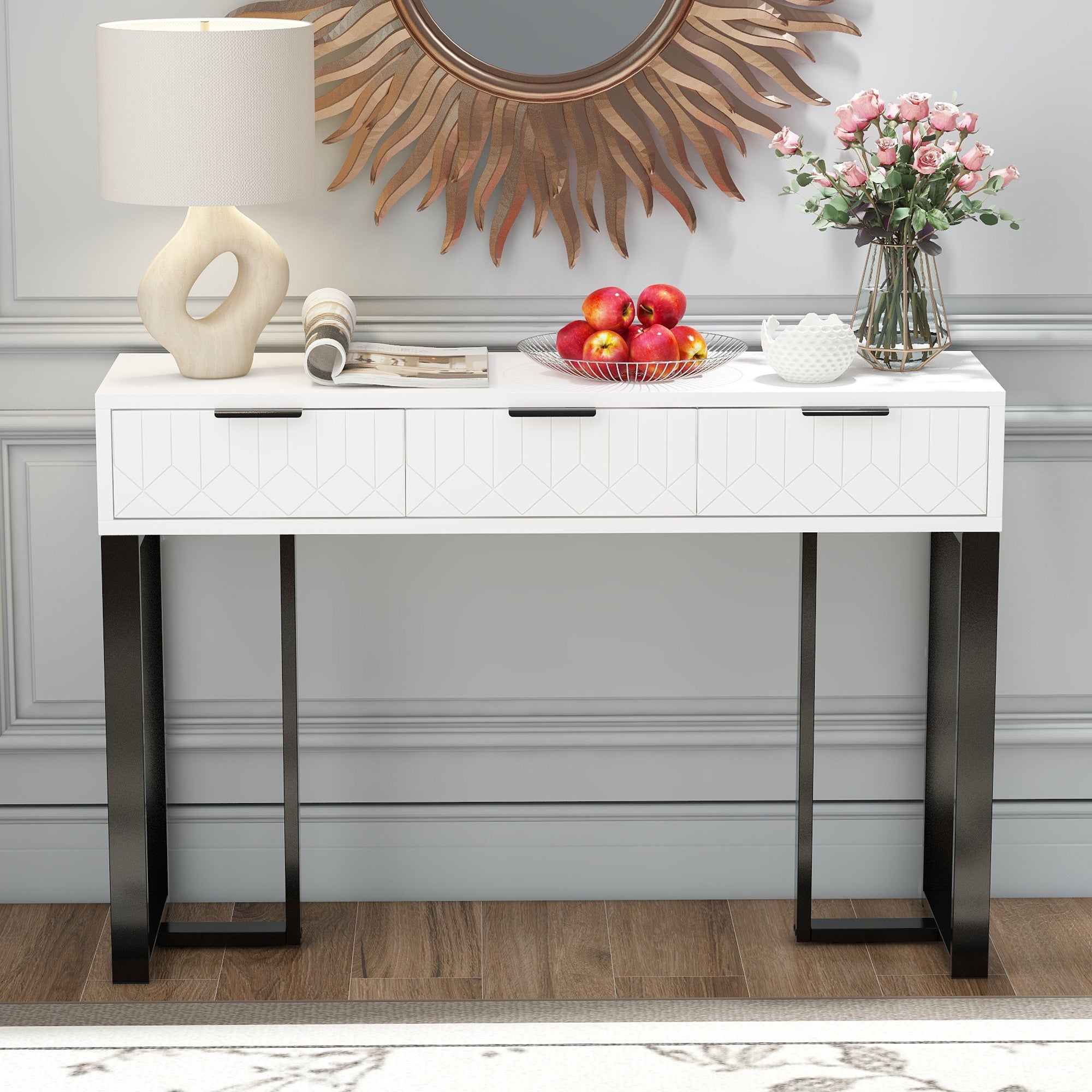 Modern Console Table with Drawers, Gold Frame, Adjustable Foot Pads, Elegant Handles (White+Black)