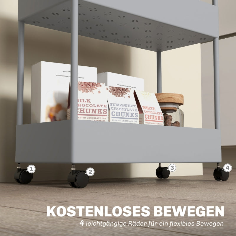 Rollwagen, 4-stöckiges Regal mit Rollen und Bremsen, Kunststoff, Grau