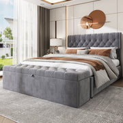 Upholstered Bed with Hydraulic Storage and Bench, 140x200cm, Grey Velvet