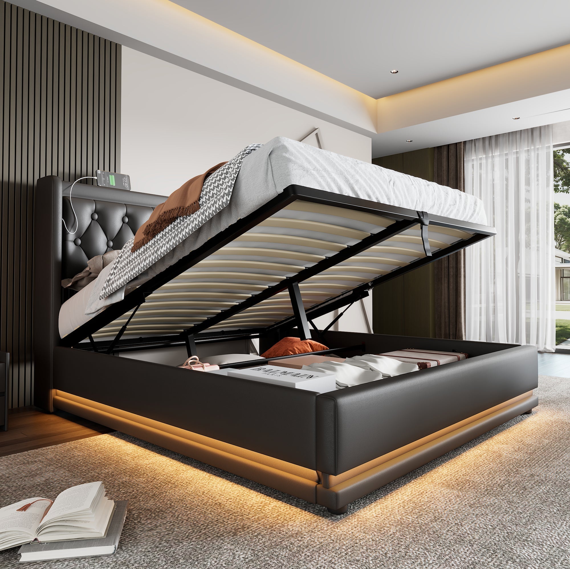 Upholstered Double Bed, 140x200cm Hydraulic Storage with USB Type-C Charging & 3-Sided LED, Black PU