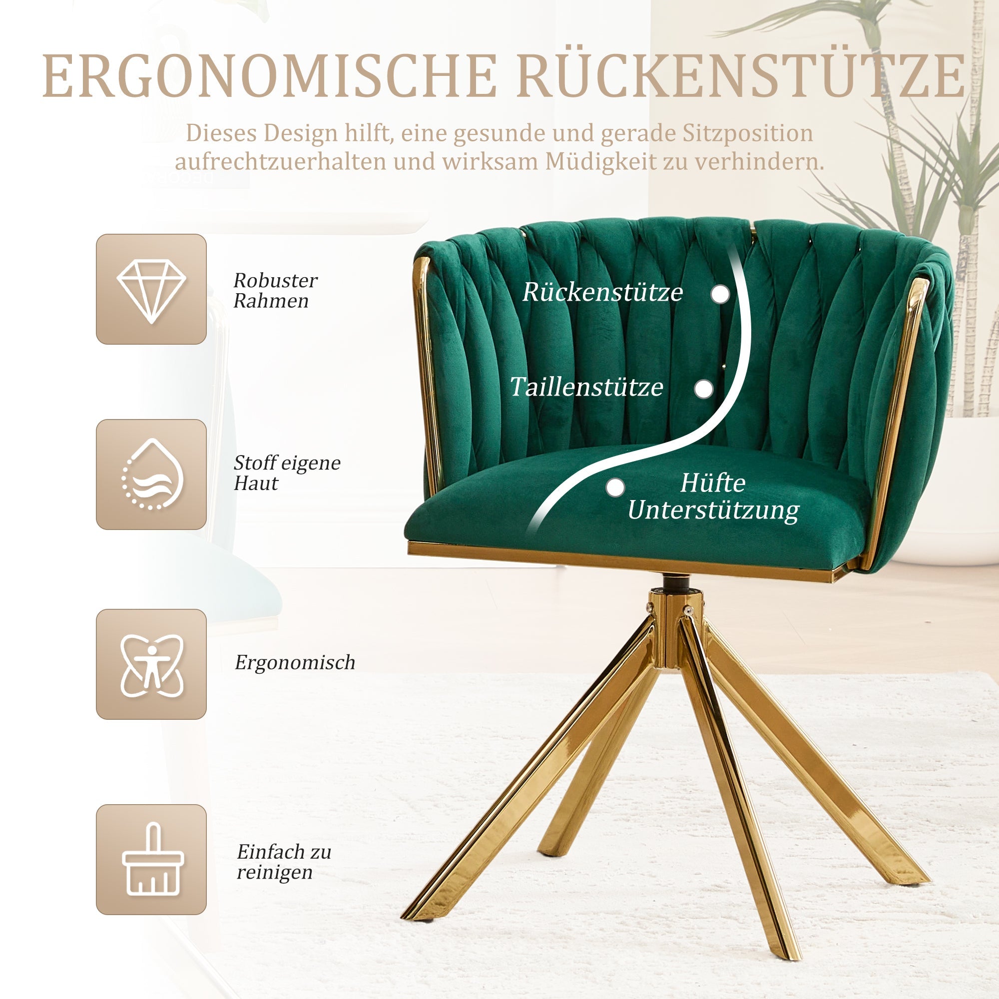 Velour Armchair, 180° Swivel, Ergonomic, Metal Frame