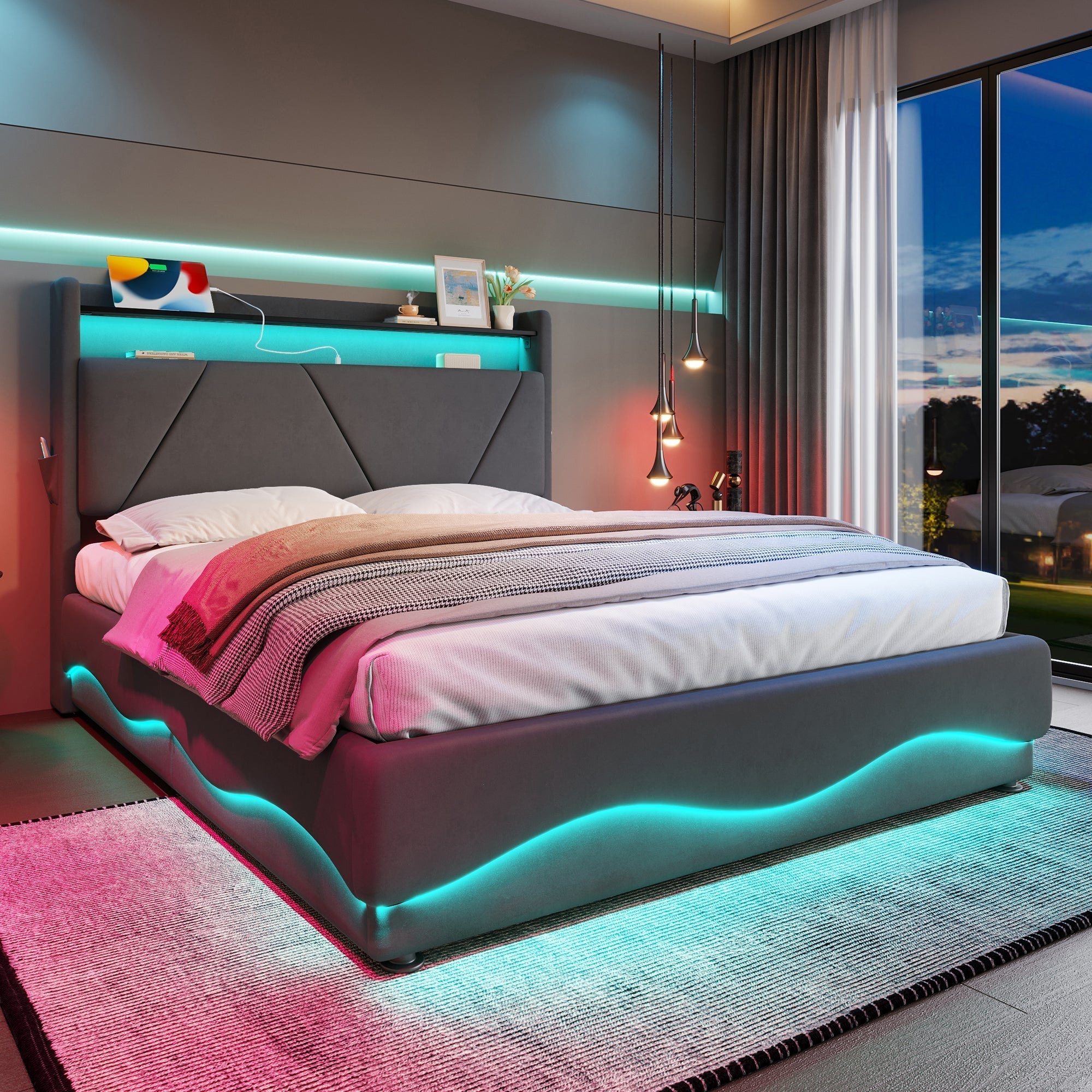 Modern Upholstered Bed 140x200cm LED Storage USB Ports Gas Spring Slatted Base Fabric