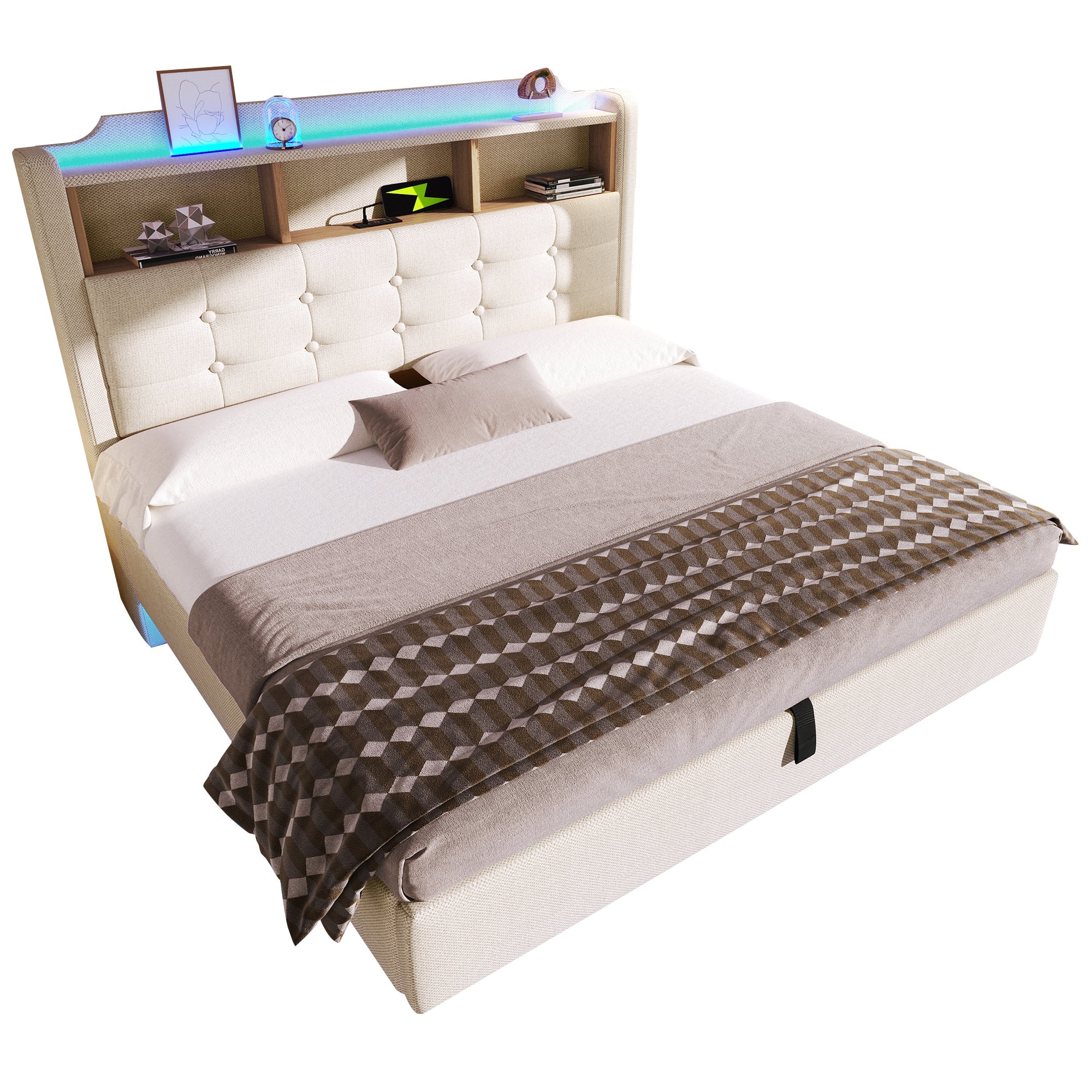 Upholstered Bed 140x200cm LED Light Strip Hydraulic Storage USB/Type-C Ports Linen Beige