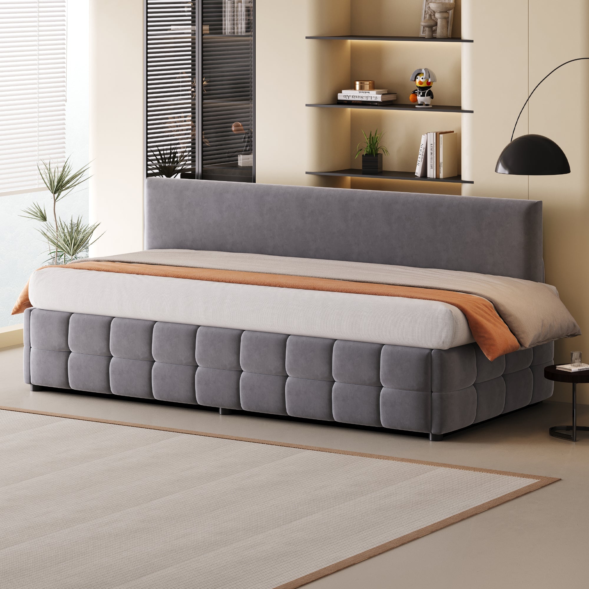 Upholstered Sofa Bed 90x200cm, Hydraulic Storage, Backrest, Check Pattern, Dark Grey Velvet