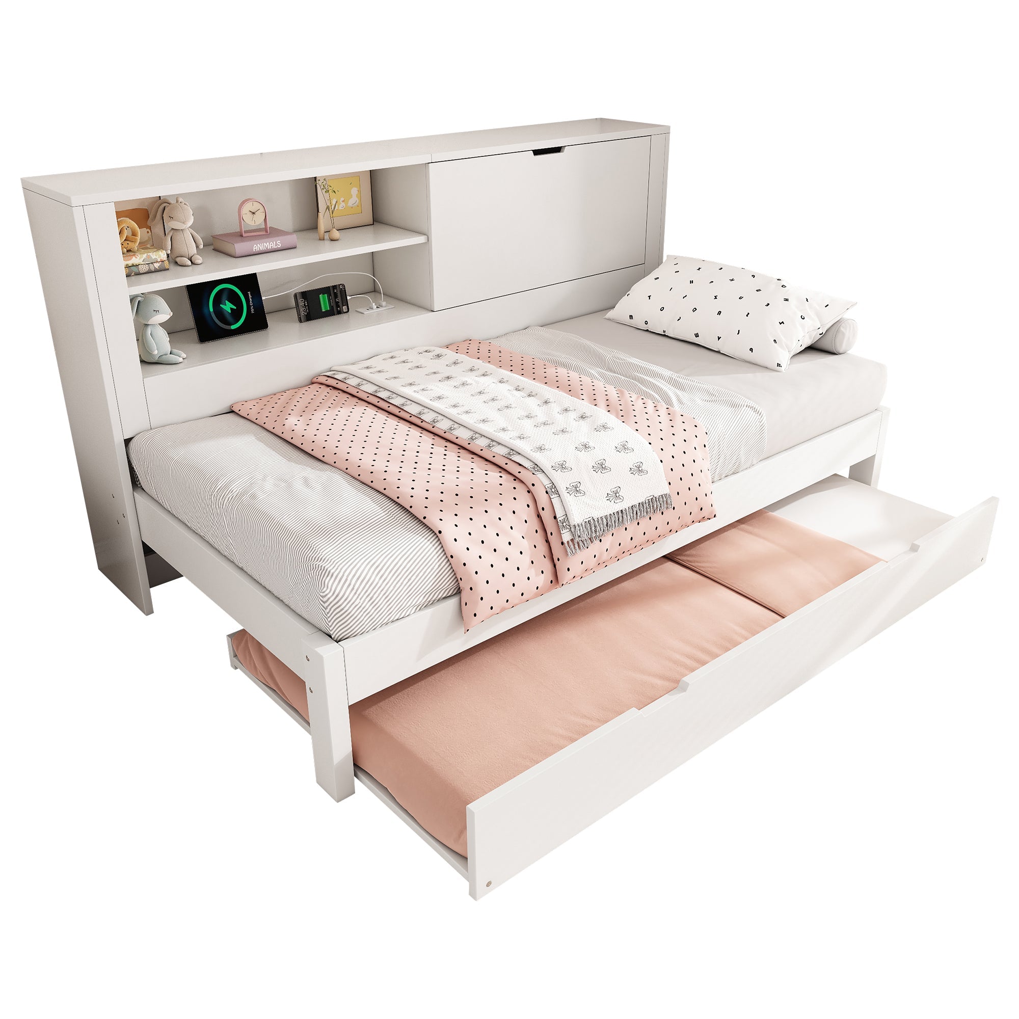 Single Sofa Bed 90x200cm Pull-Out Bed 90x190 Storage USB/USB-C Charging - White Wood