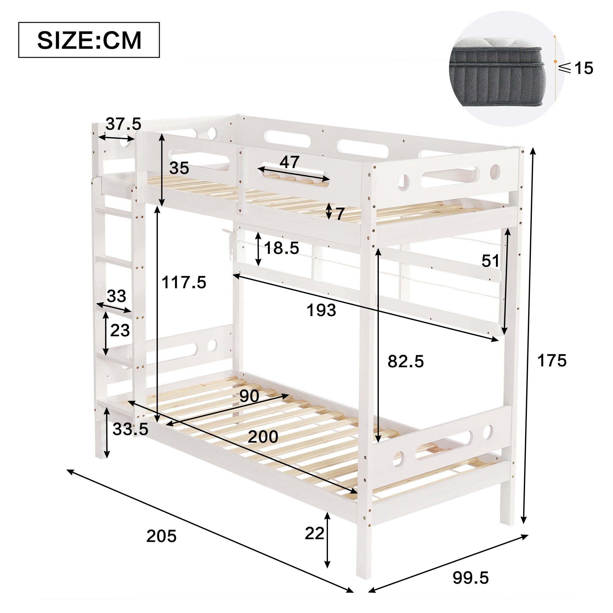 Bunk Bed, Children's with Safety Gate, Open Shelf, 5-Step Ladder, Pine + MDF White, 90x200cm