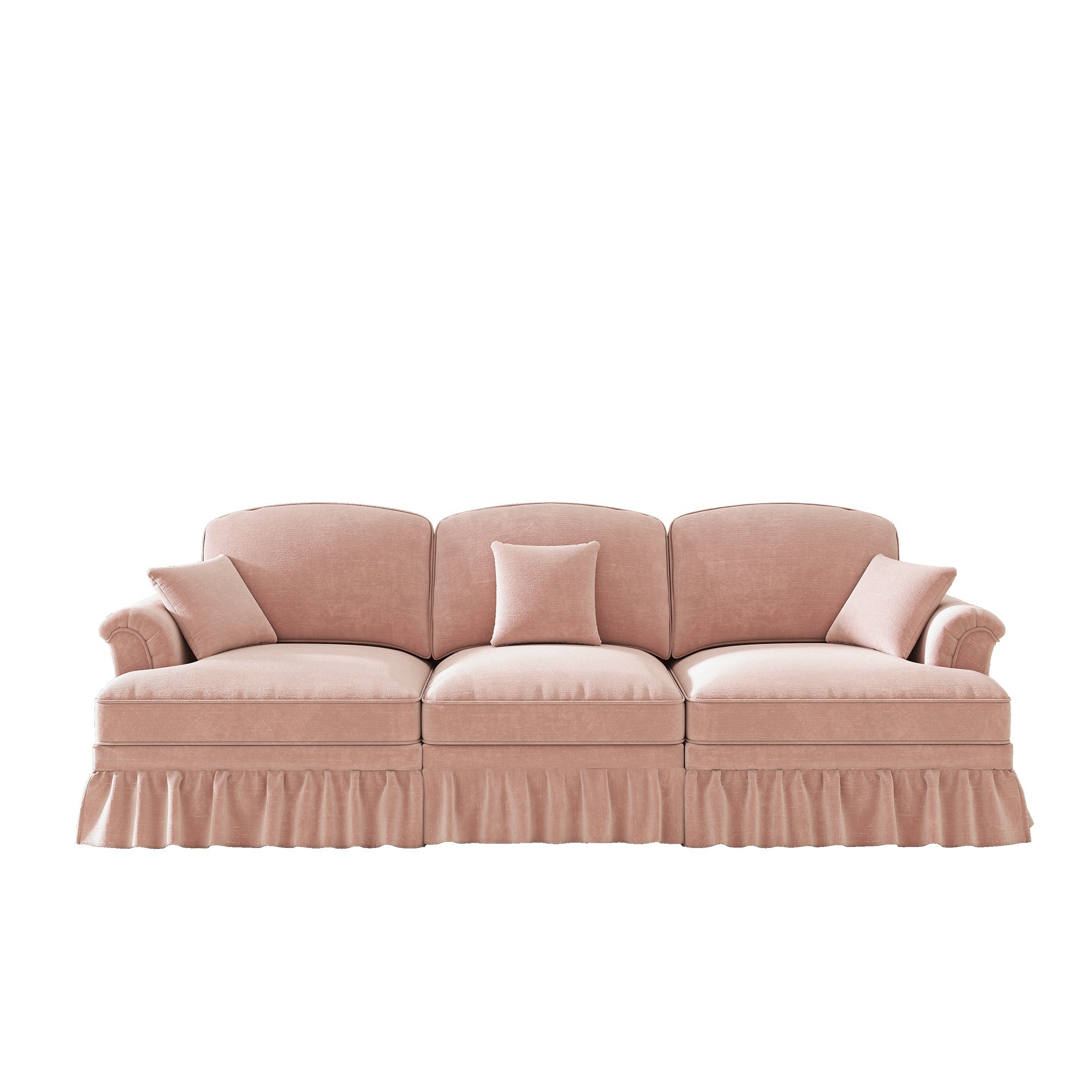 3-Seater Sofa Mid-Century Ruffled Apron Spindly Legs - Chenille Pink
