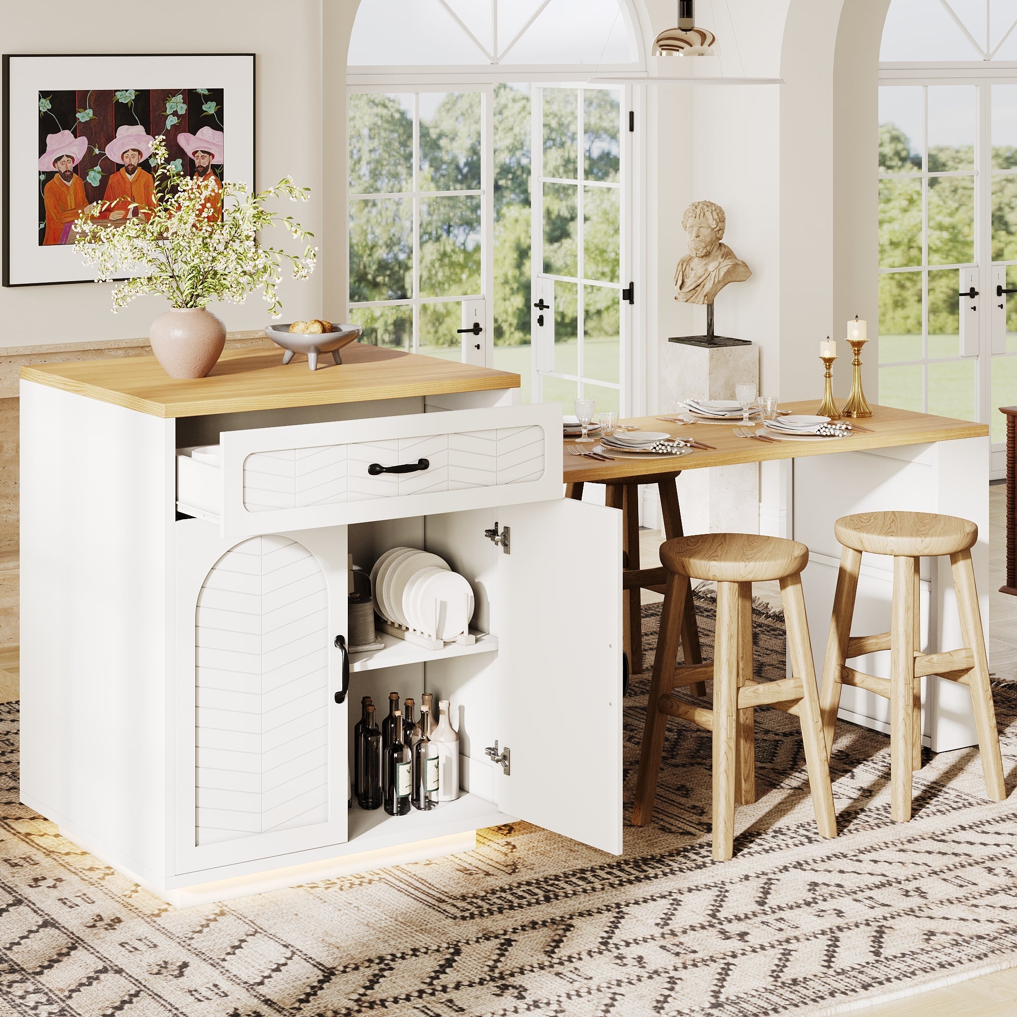 Kitchen Island with Pull-out Table and Storage, 2 Drawers and 4 Doors, Black/White