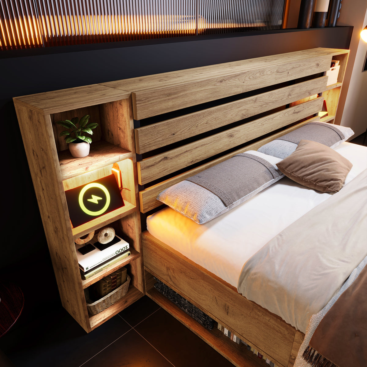 Double Bed 160x200 Storage LED/USB Headboard Drawers Solid Wood Oak
